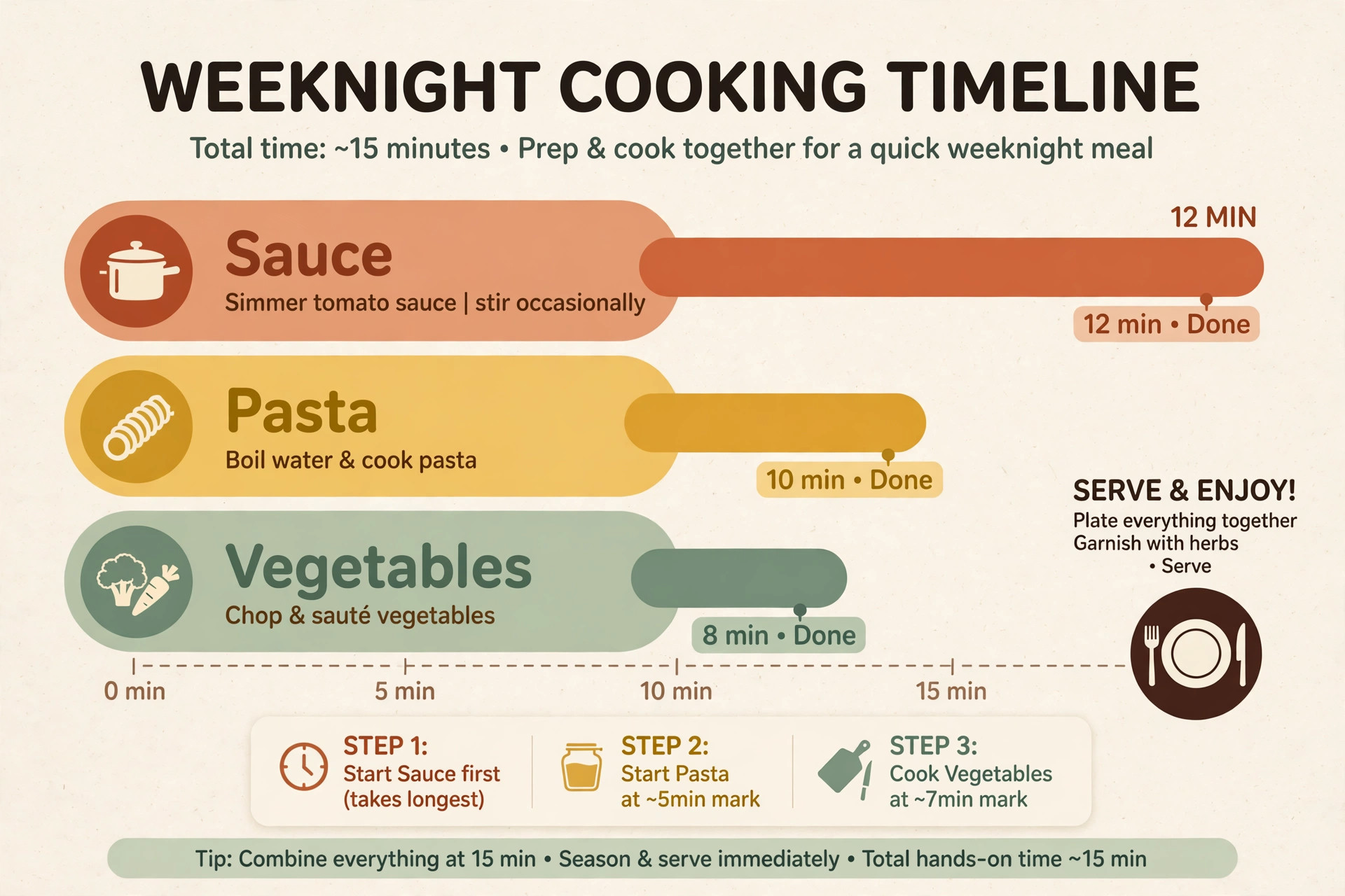 Weeknight cooking timeline with sauce, pasta and vegetables bars finishing together