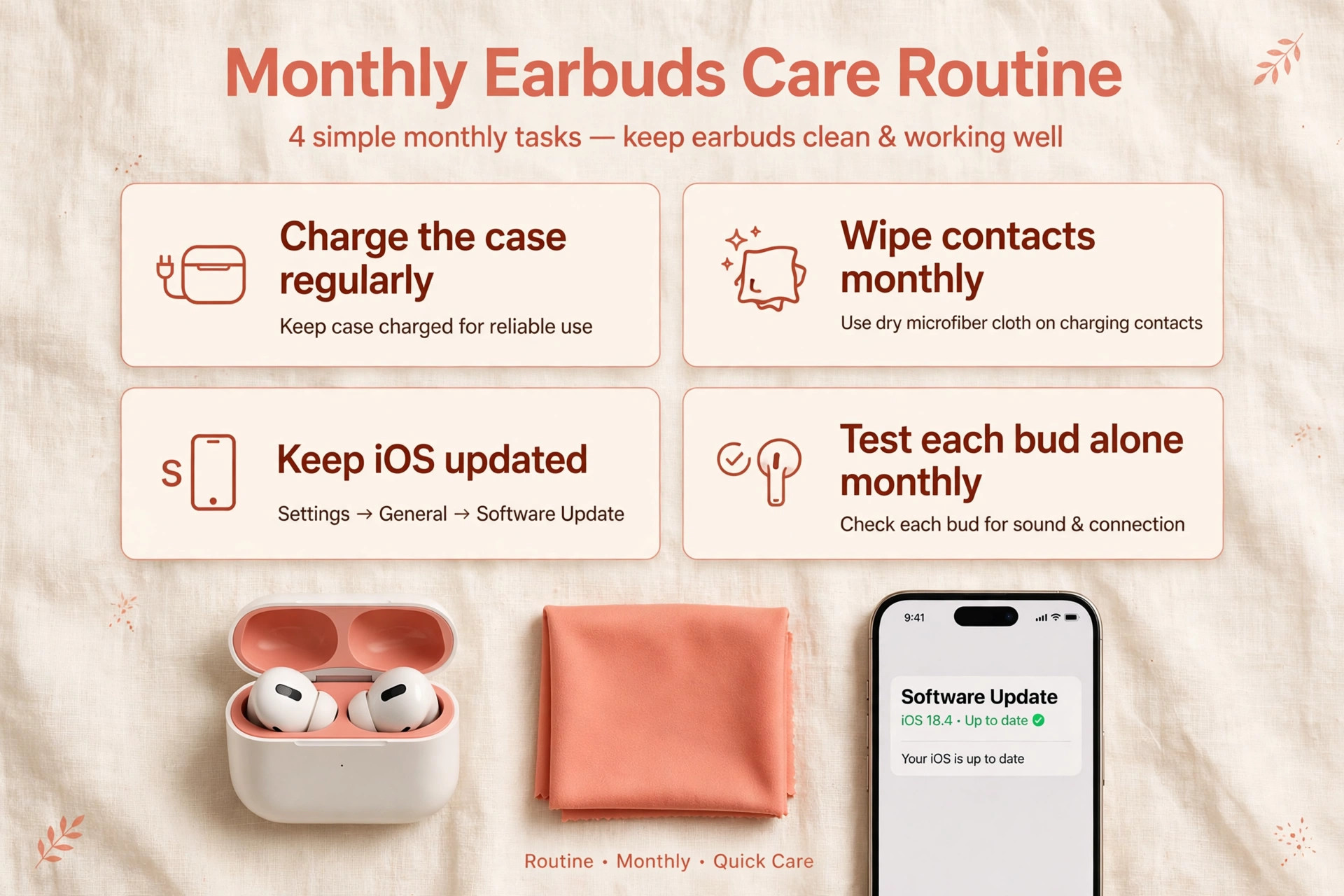 Monthly routine of charging the case, wiping contacts, updating iOS, and testing each bud