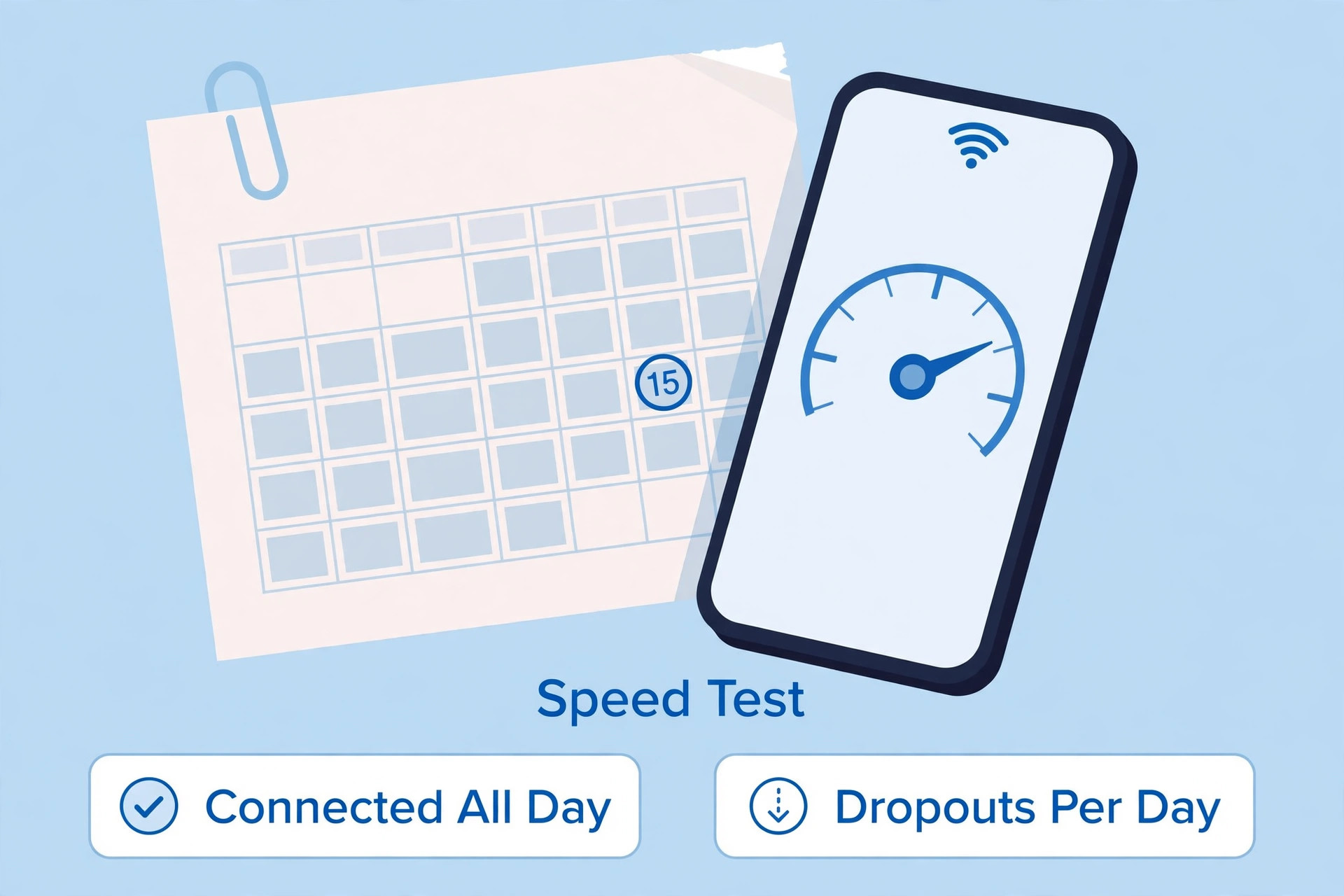 Phone with speed-test dial and calendar, labelled connected all day, dropouts per day and speed test