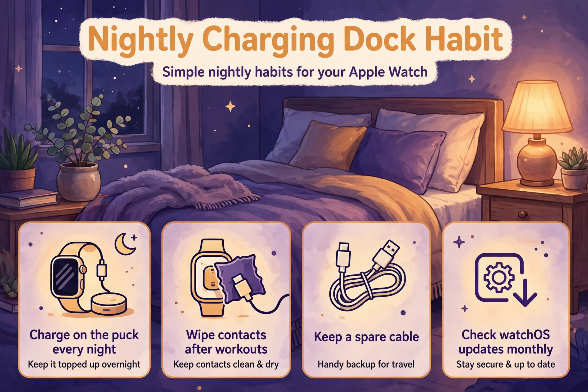 Bedside scene with nightly charging, contact wiping, spare cable, and update habits