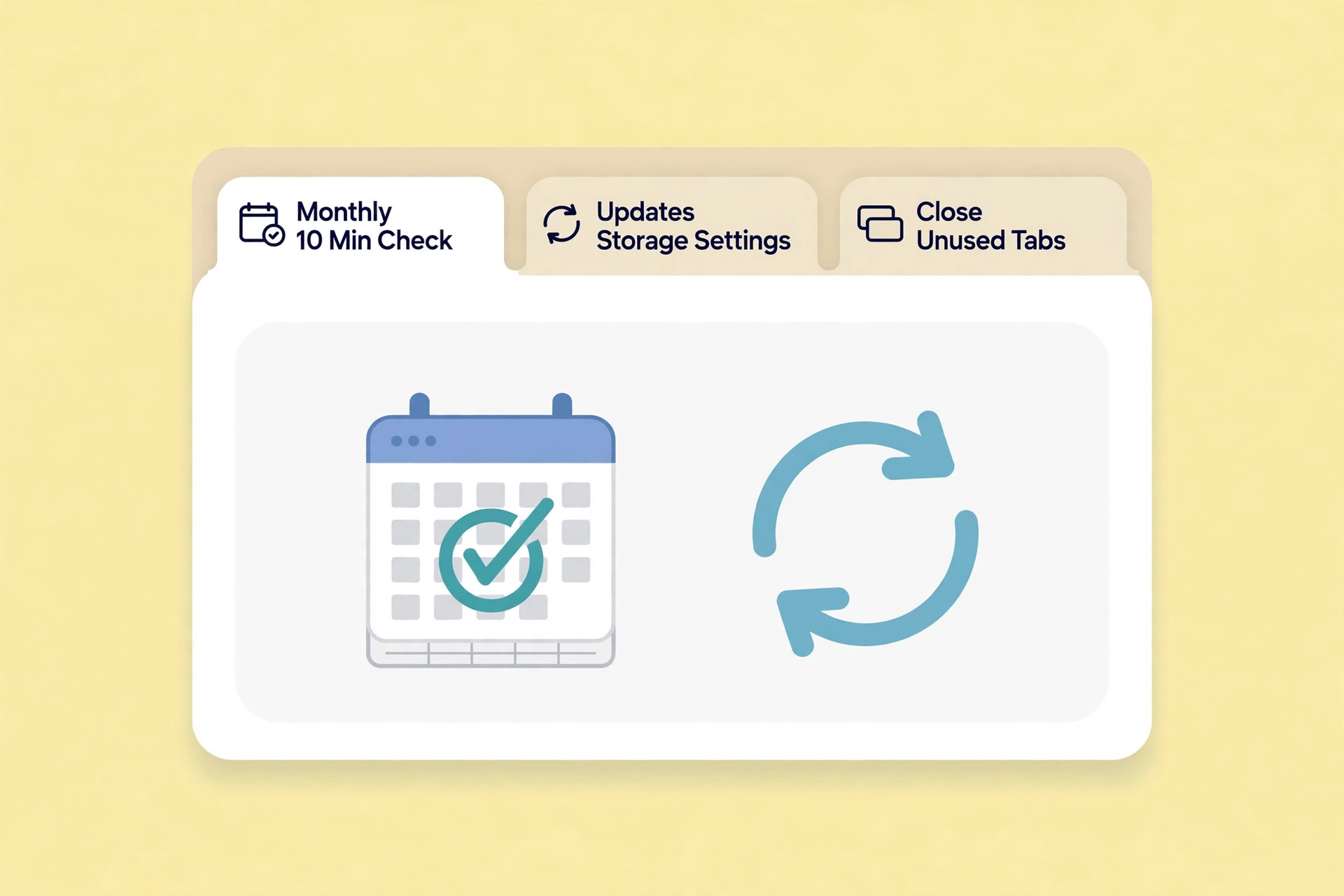 Tidy three-tab browser window with calendar checkmark and update arrow