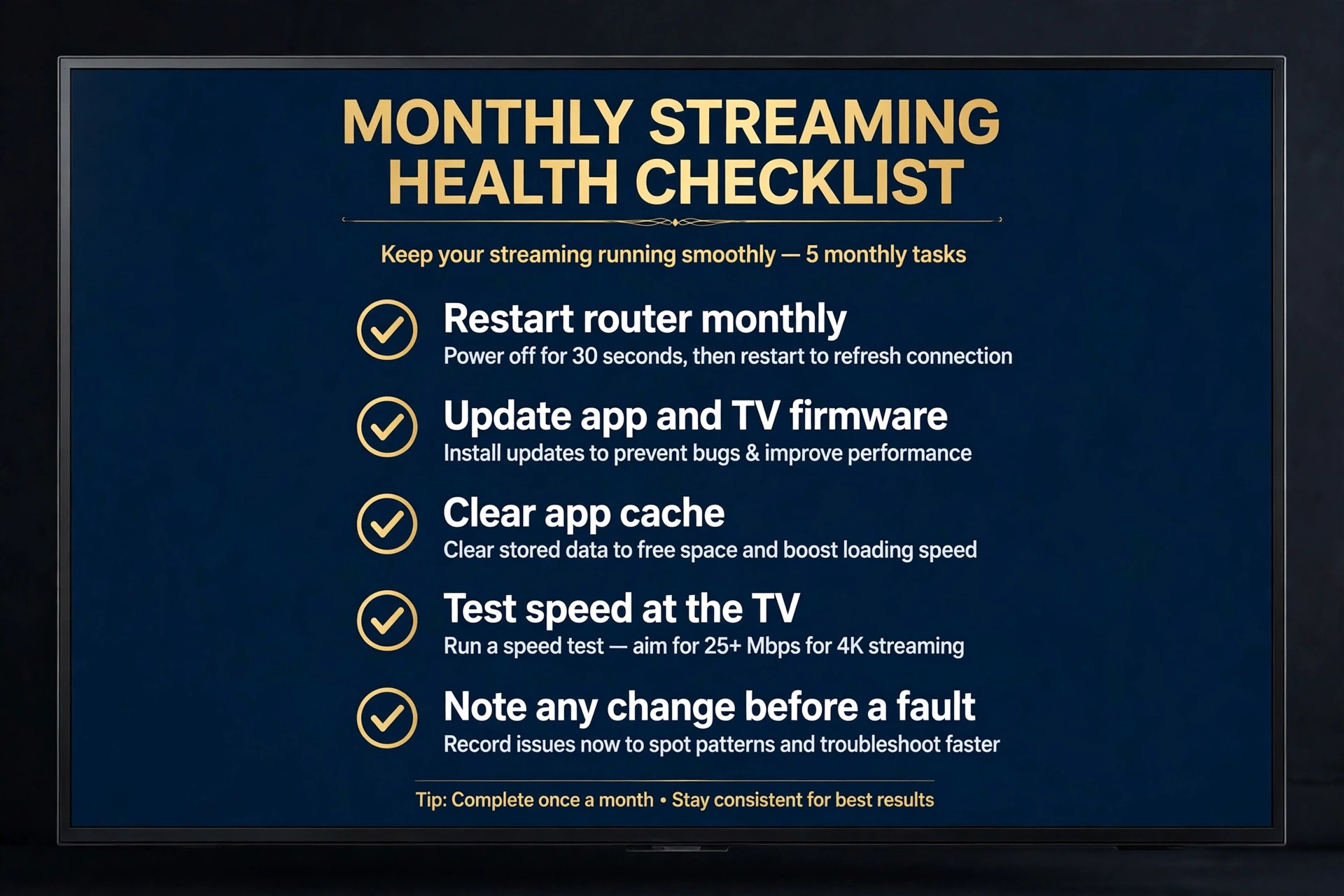 Monthly streaming health checklist shown on a TV screen