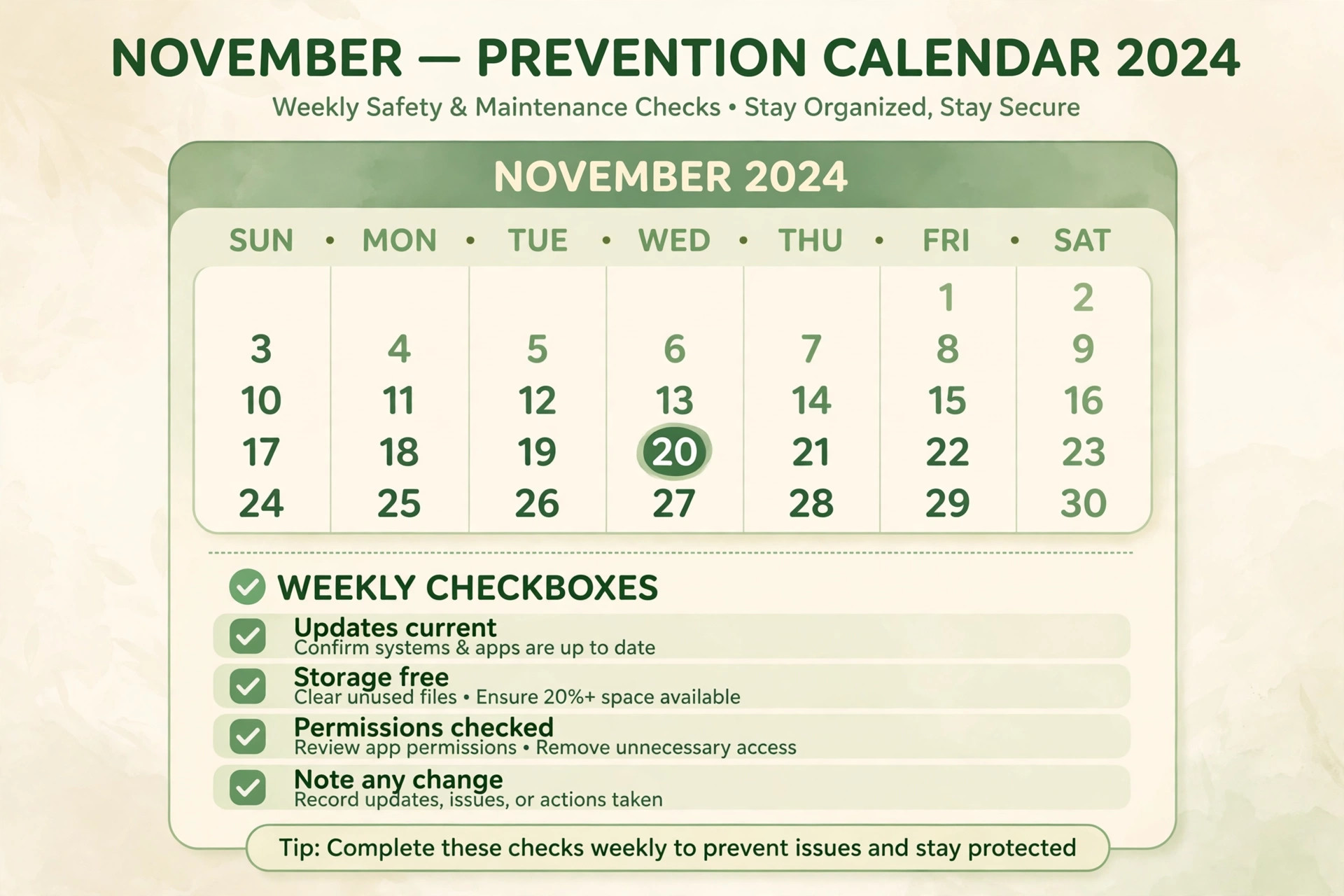 Monthly prevention calendar with four weekly checkboxes