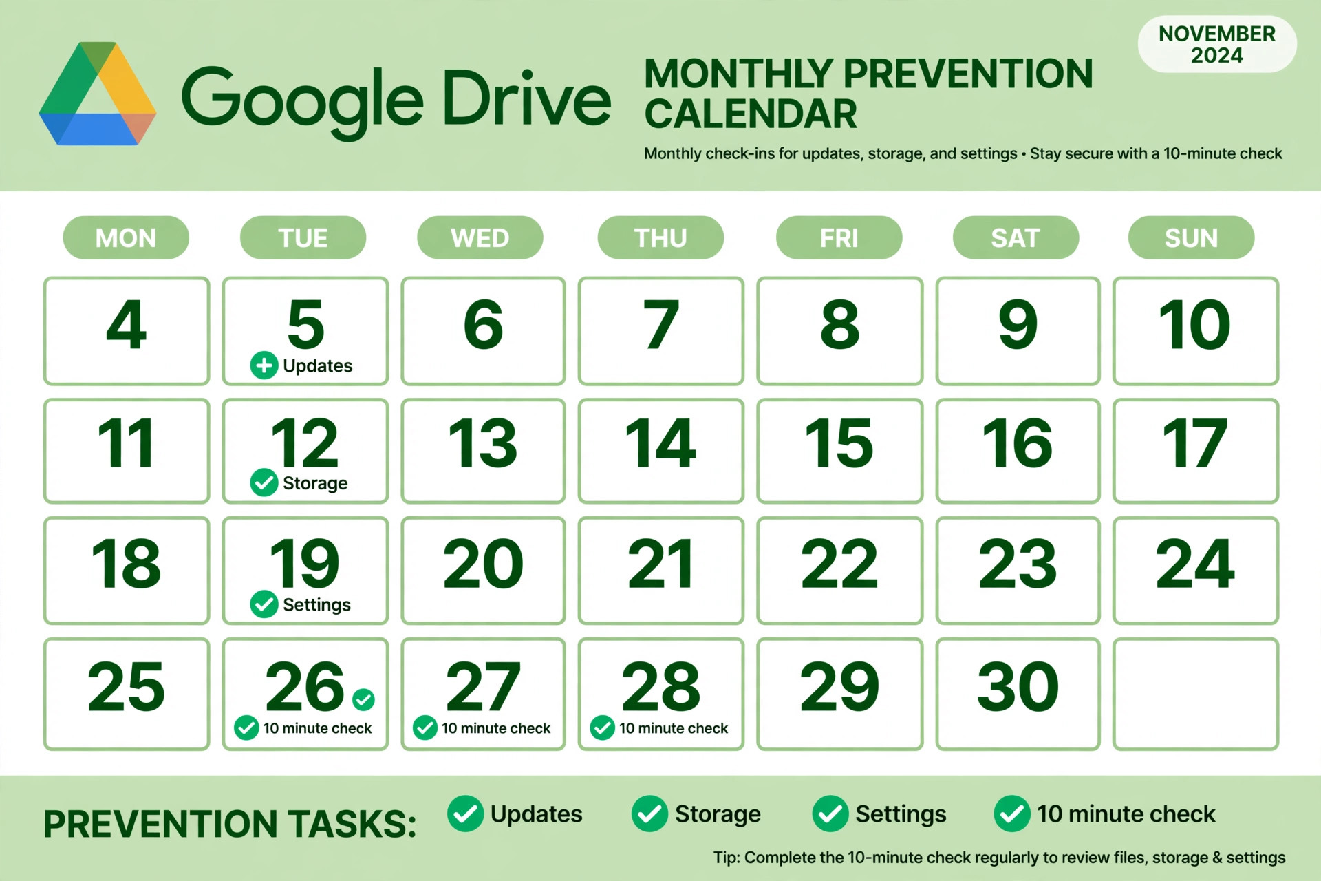 Monthly prevention calendar with update, storage and settings checks and a 10 minute check
