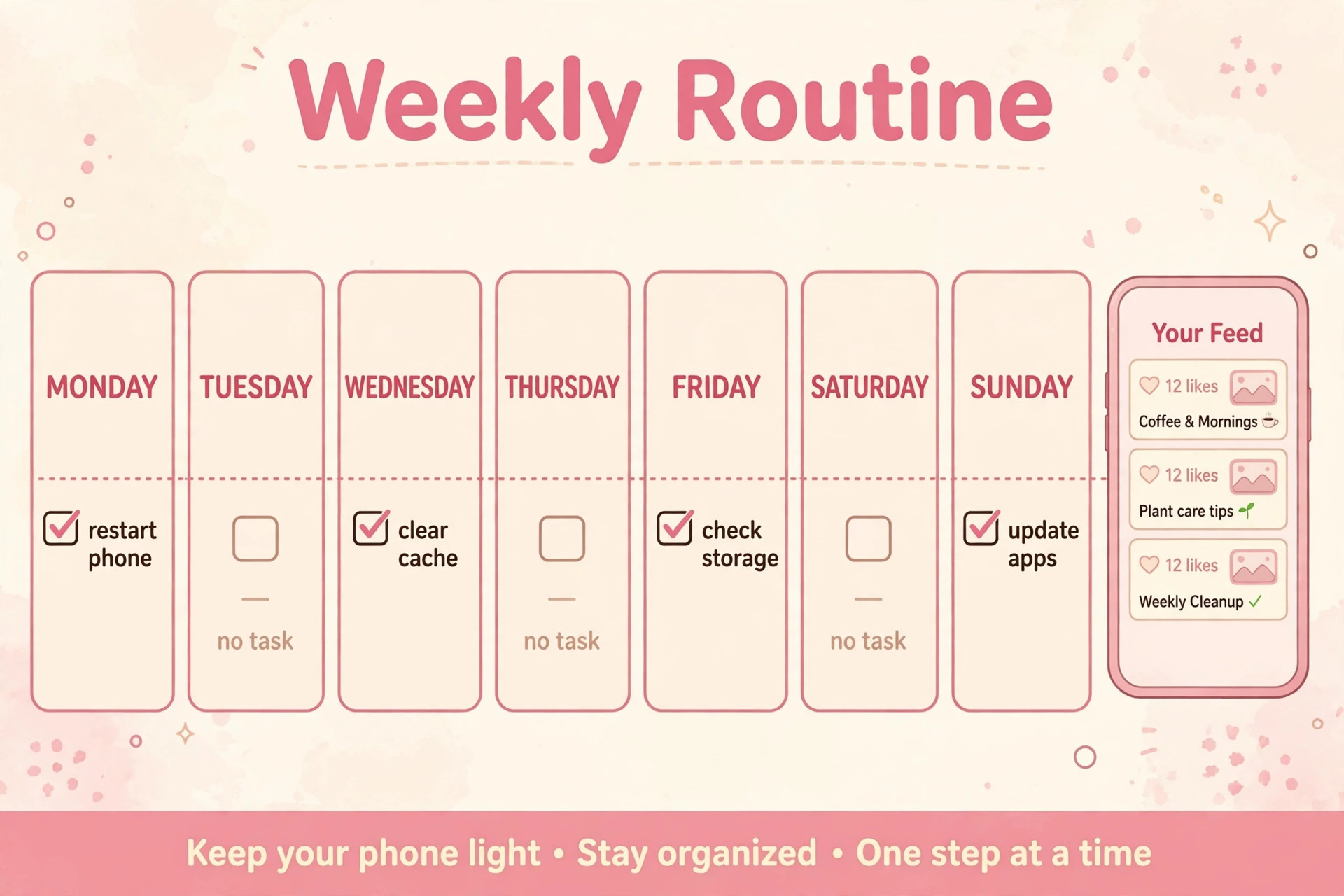 Weekly routine strip with checks for restarting, clearing cache, checking storage and updating apps