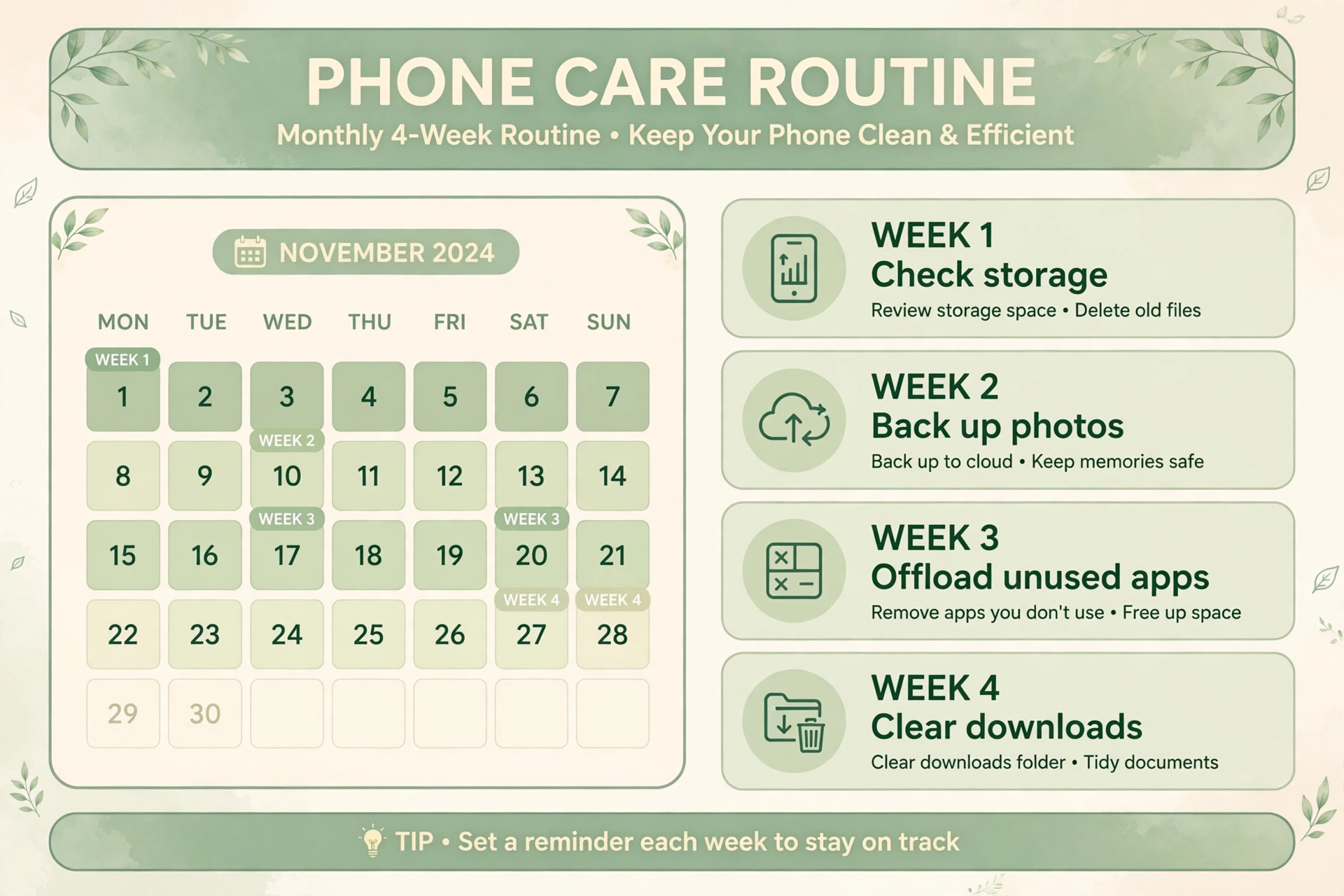 Monthly calendar spreading storage checks across four weeks