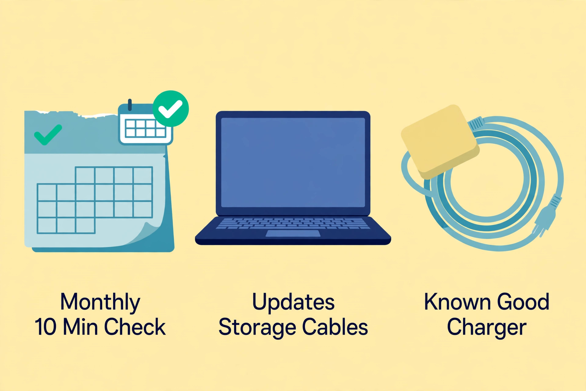 Calendar checkmark, laptop and neatly coiled known-good charger