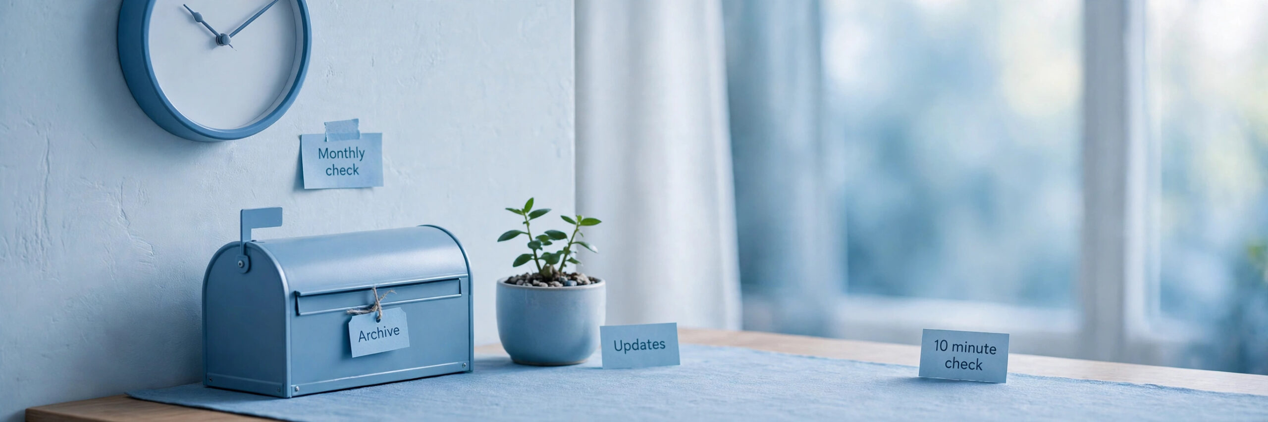 Tidy desk with a mailbox labelled Archive, a plant and cards for monthly check, updates and a 10 minute check
