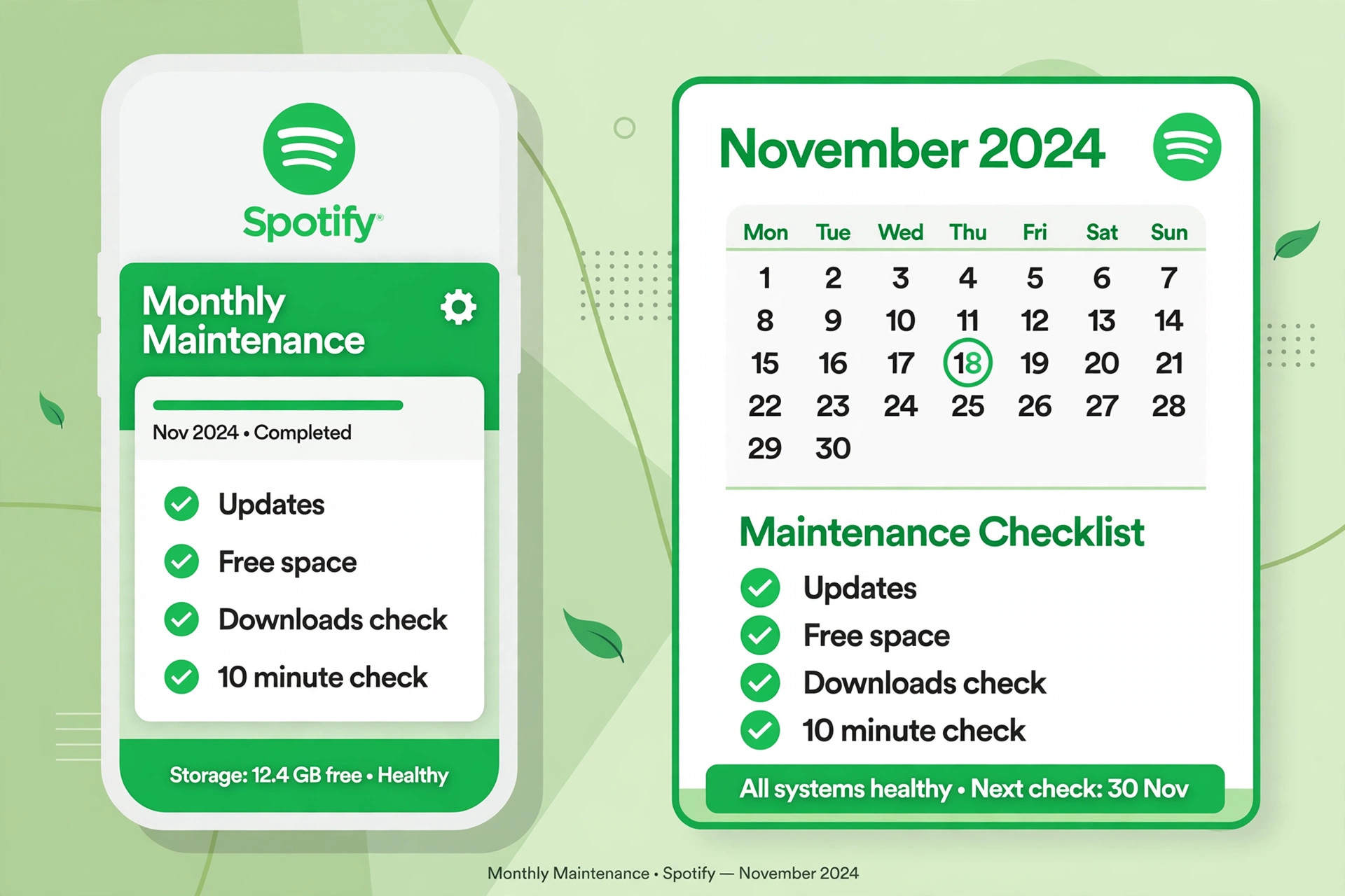 Monthly maintenance phone and calendar with updates, free space, downloads check and a 10 minute check