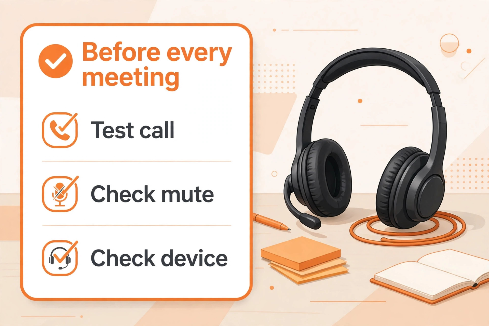 Pre-meeting checklist beside a headset, test call, check mute and check device before every meeting