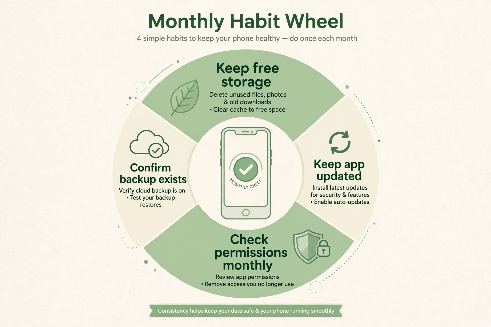 Circular monthly habit wheel covering storage, updates, permissions and backup