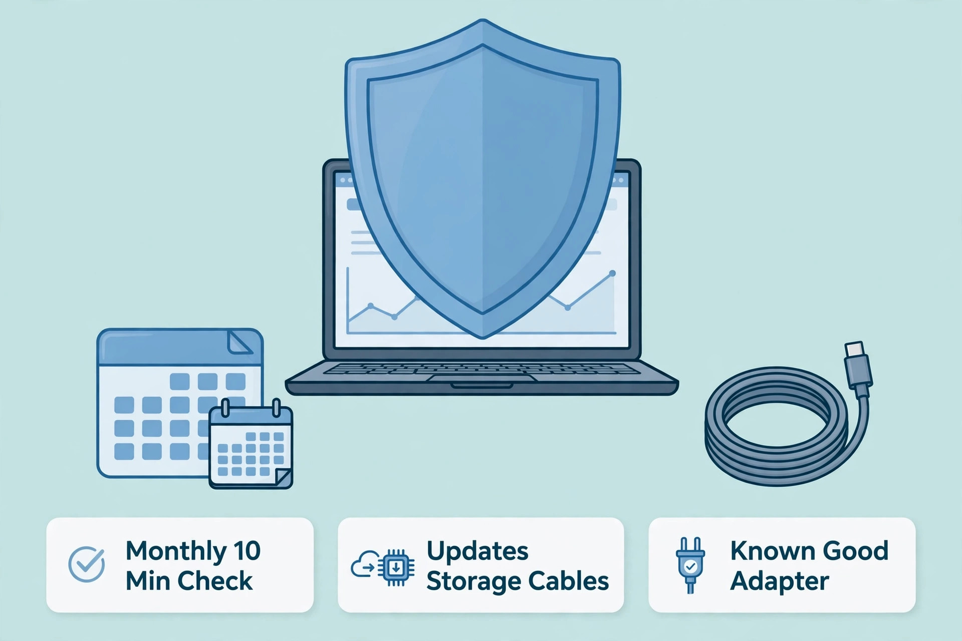 Shield over a laptop with calendar and coiled adapter cable