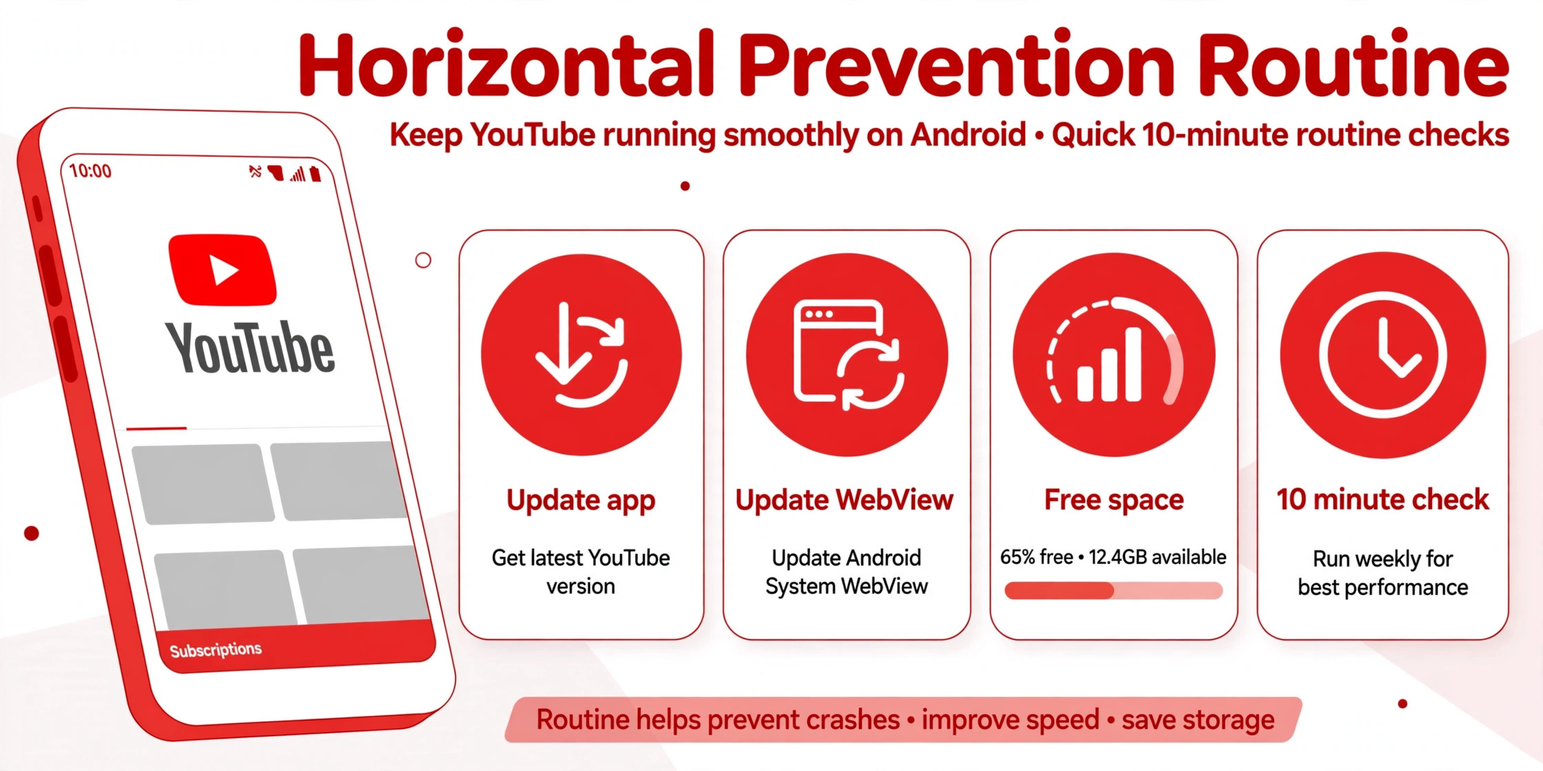 Phone beside prevention cards for update app, update WebView, free space and a 10 minute check
