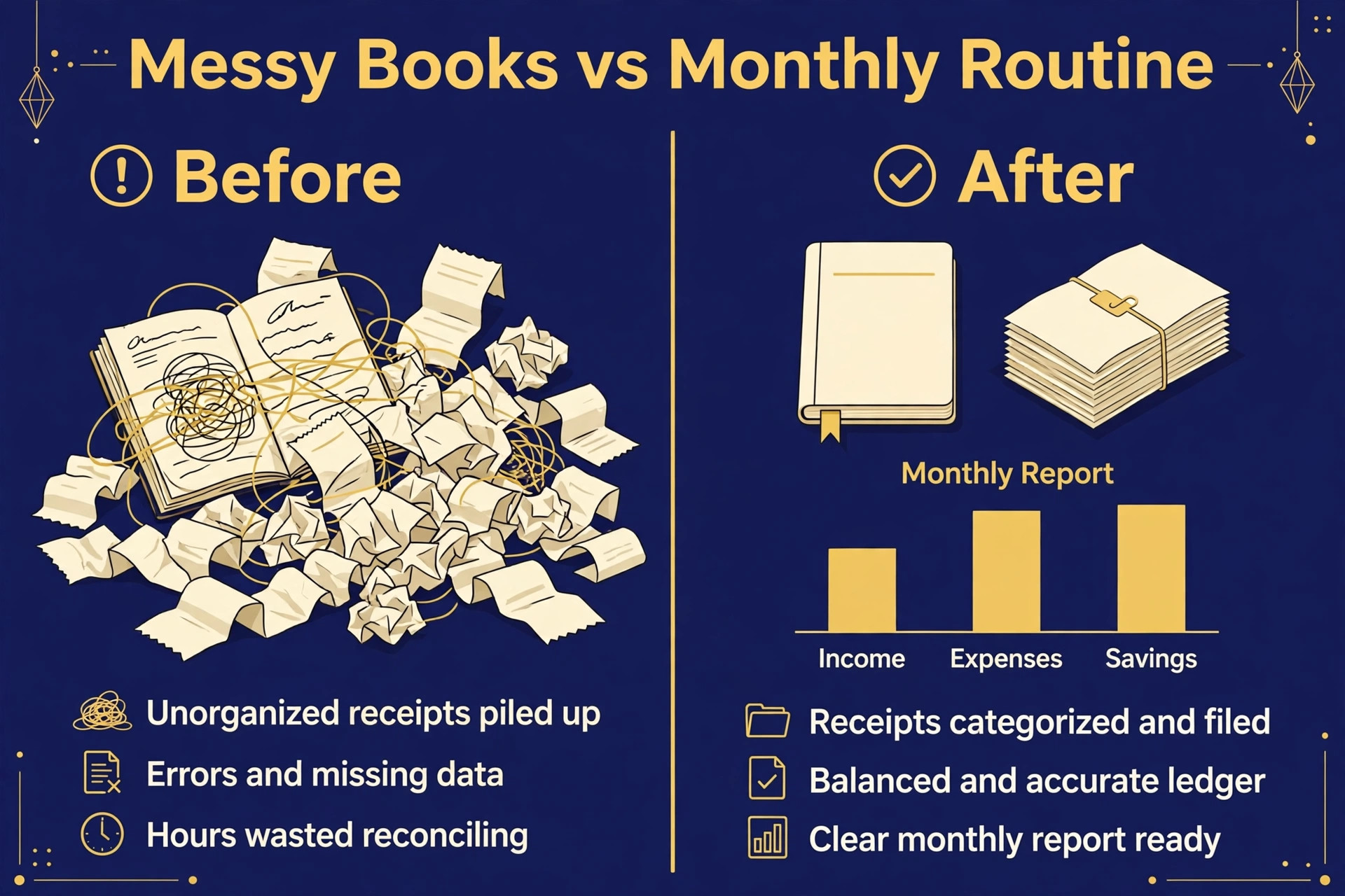 Messy books versus monthly bookkeeping routine, before and after comparison