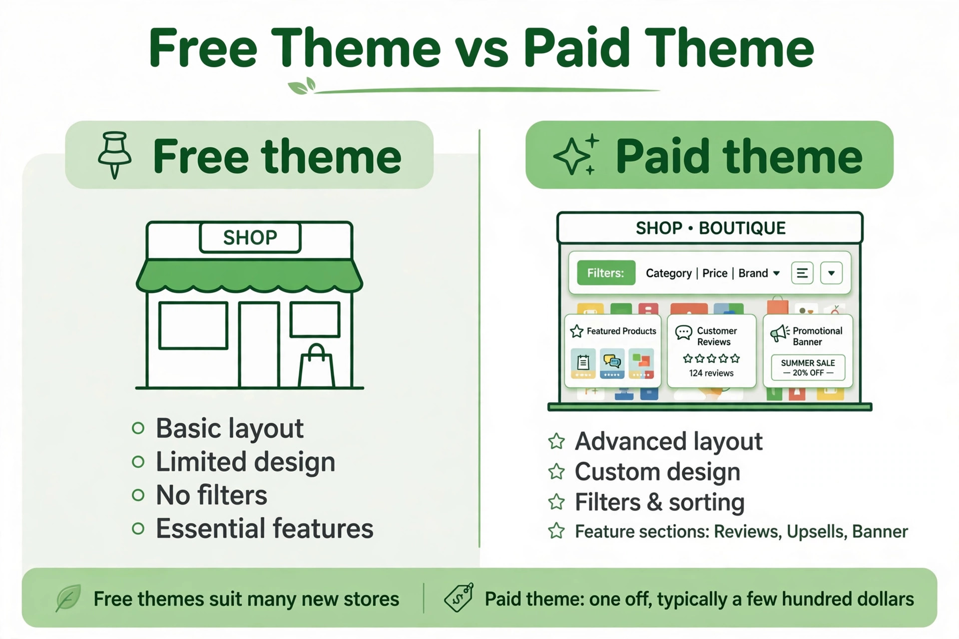 Free Shopify theme versus paid Shopify theme, one off paid theme typically a few hundred dollars