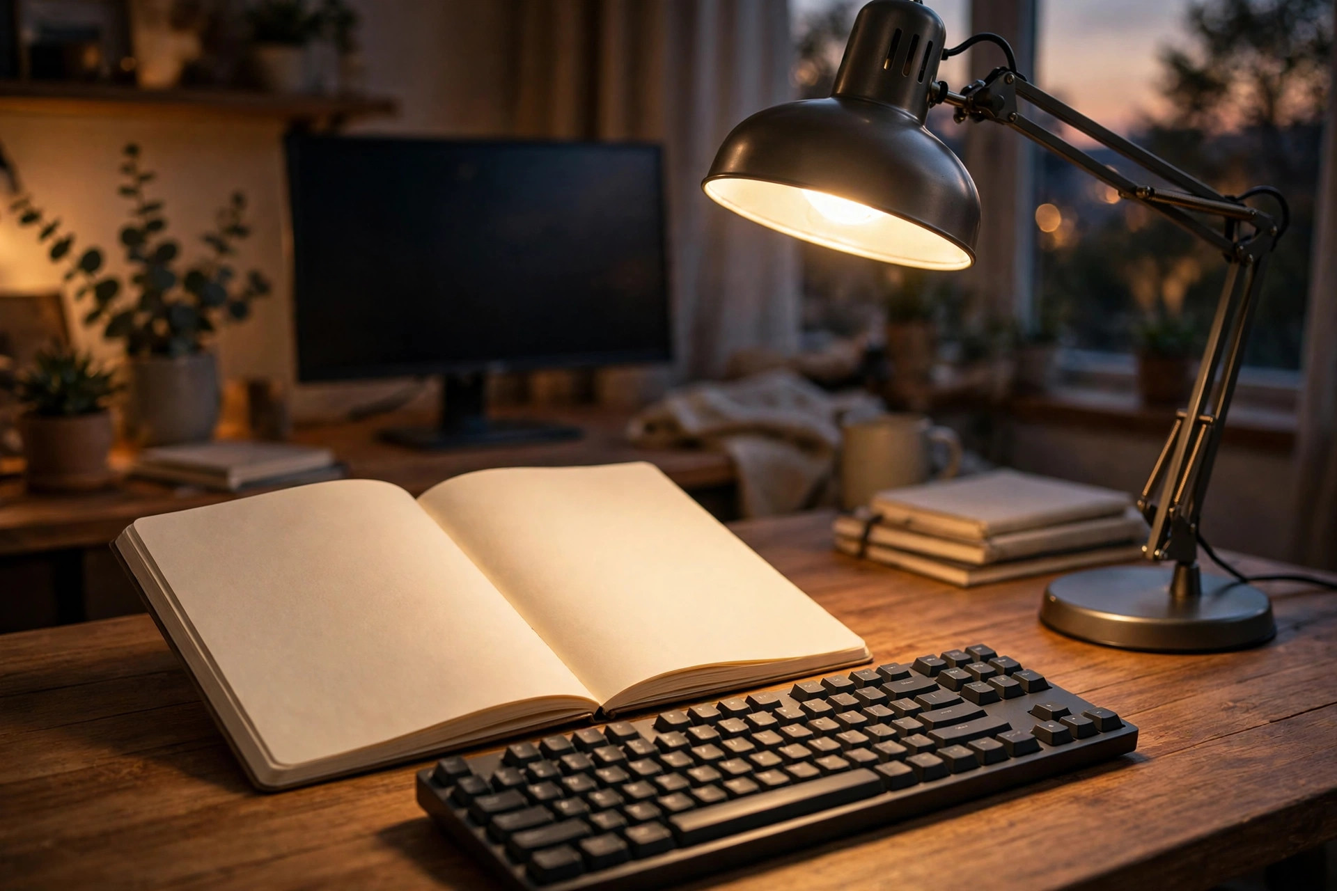 Mockup of swing arm desk lamp lighting paper and keyboard