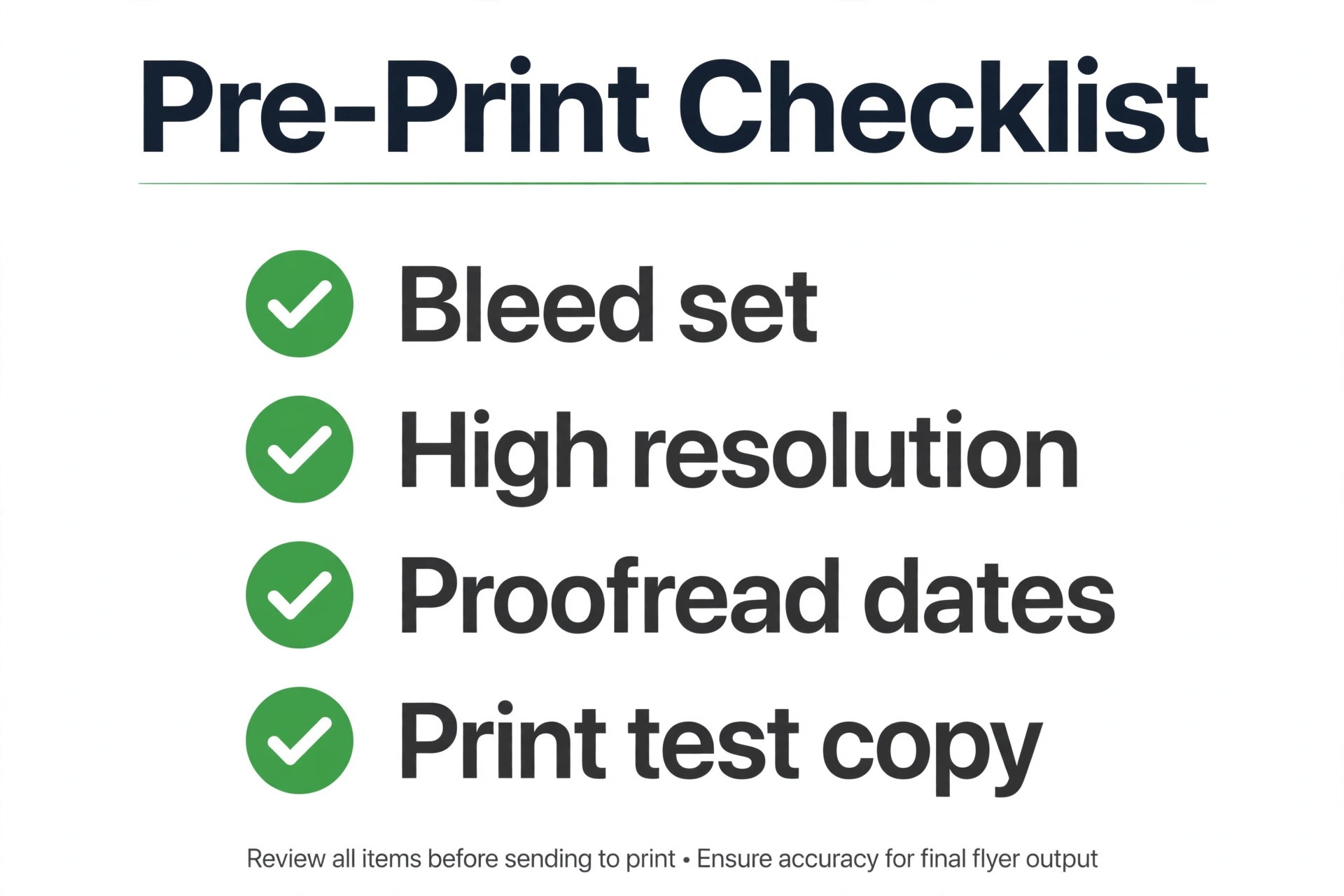 Pre-print checklist for flyers covering bleed resolution and proofreading