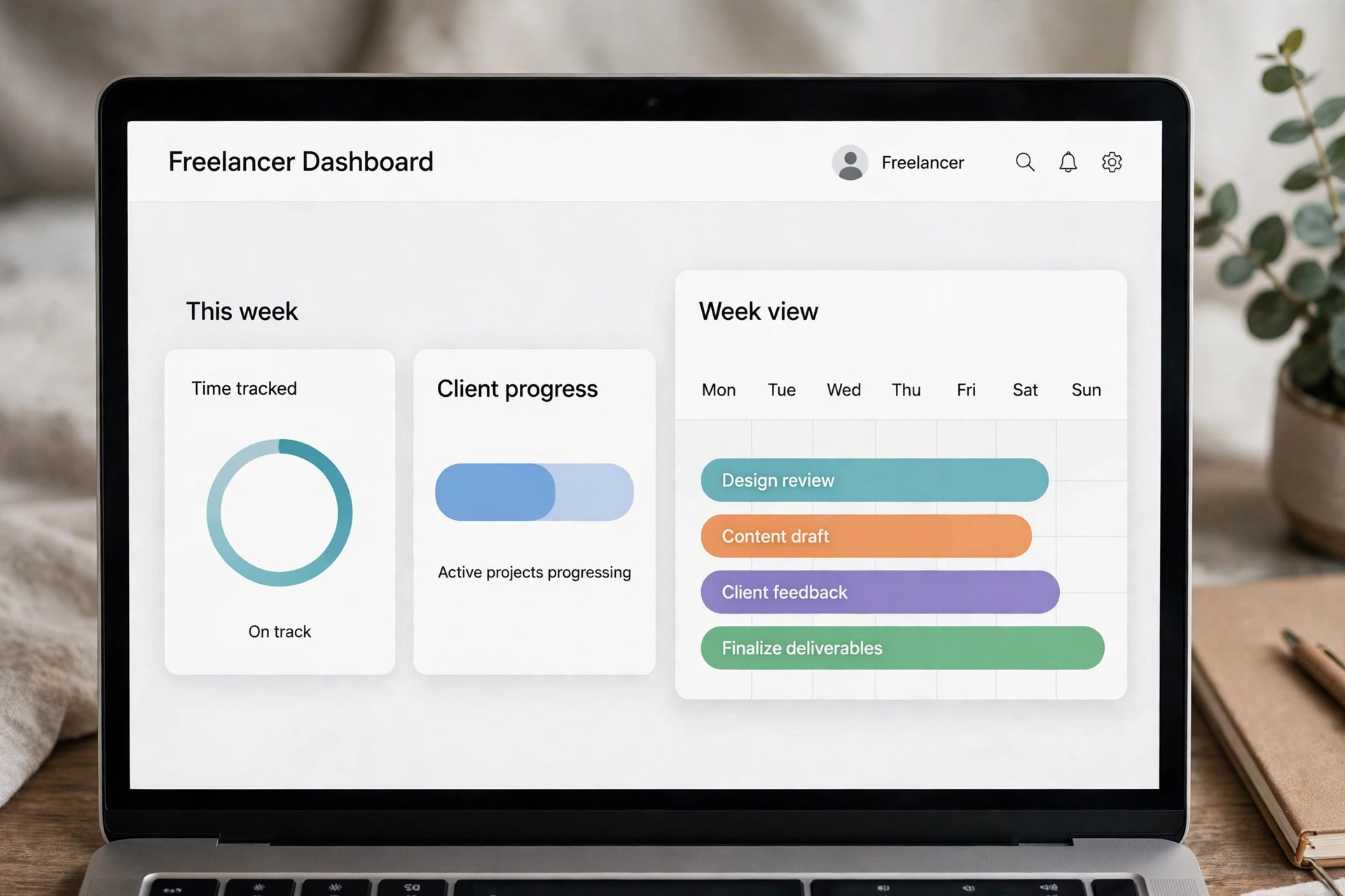 Mockup of a freelancer project dashboard on a laptop
