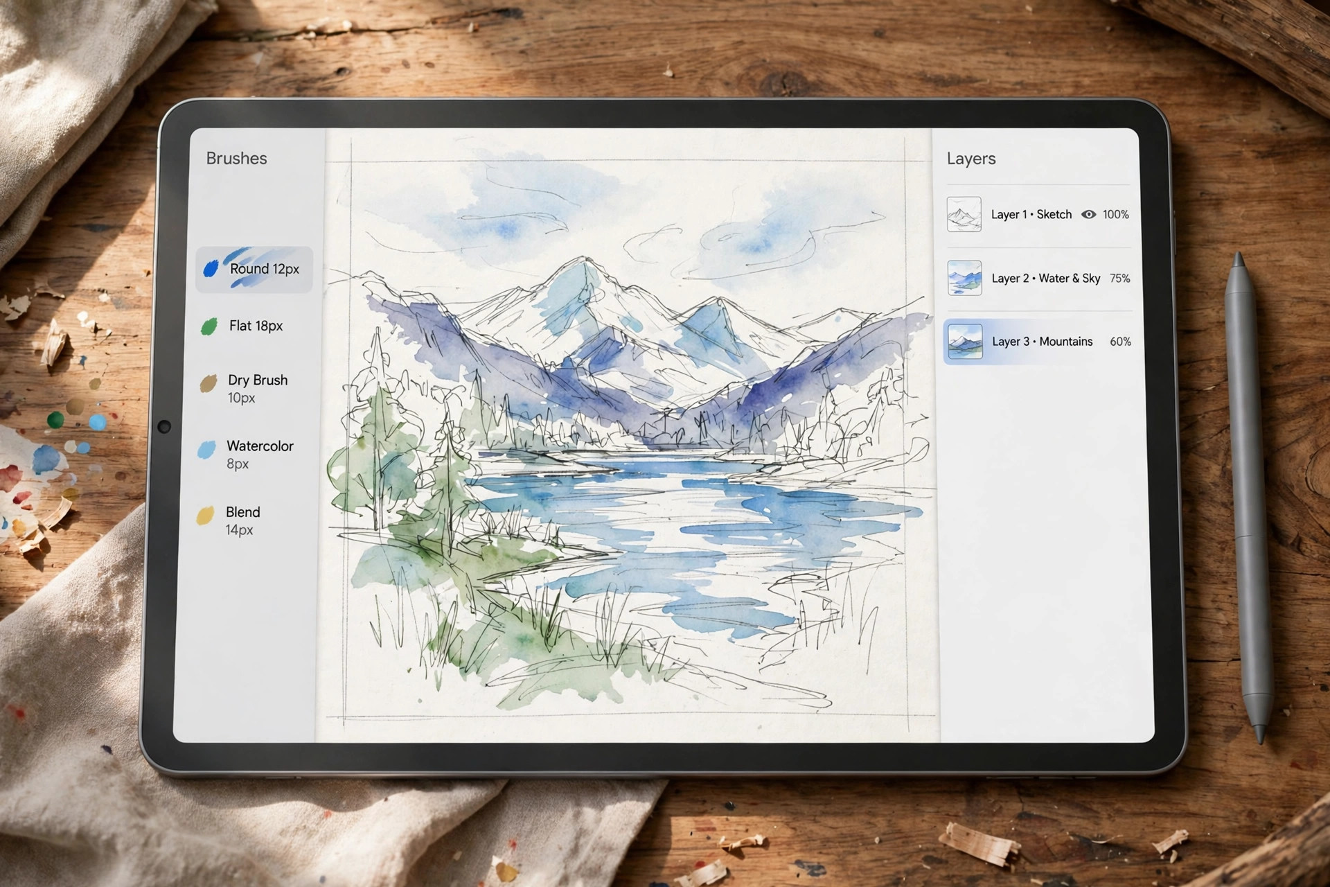 Mockup of a beginner drawing app interface on a tablet with pen in hand