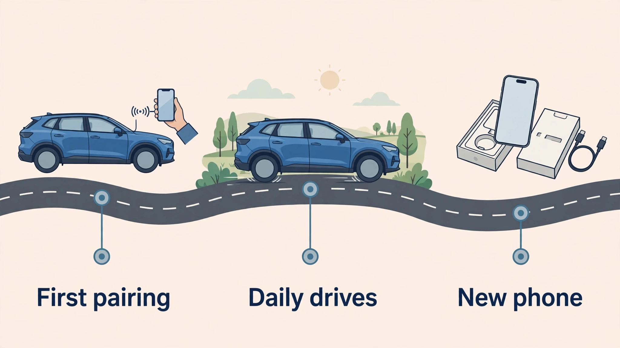Timeline from first pairing through daily drives to phone upgrade re-pairing