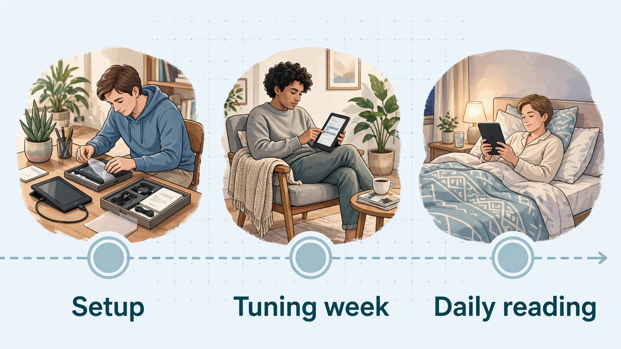 First week timeline from setup through tuning to daily reading habit
