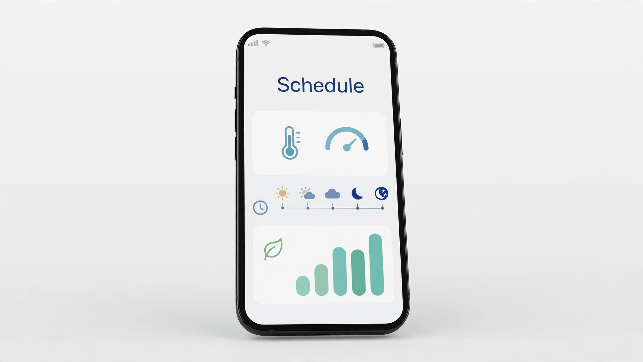 Phone app mockup showing schedule overrides and energy report screens
