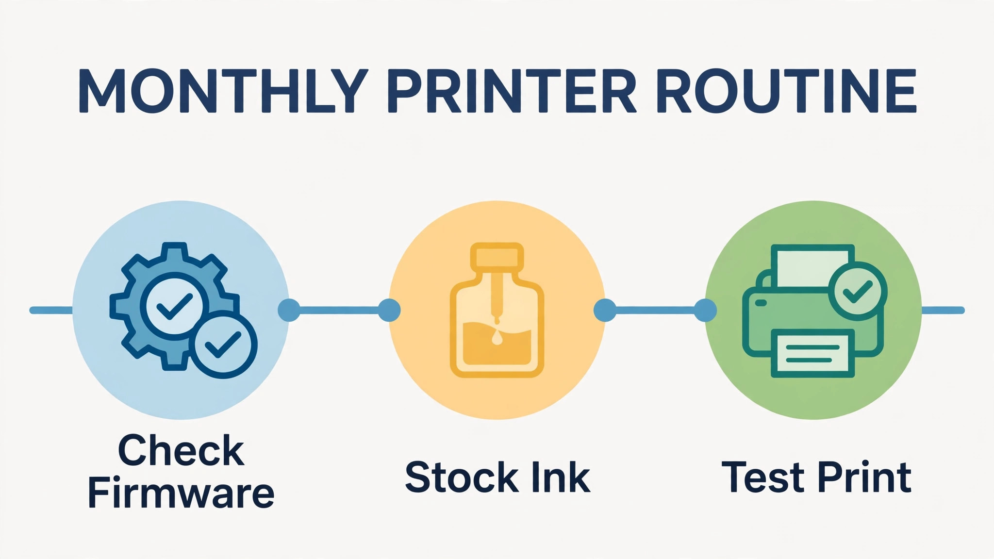 Monthly timeline for firmware checks, ink stock and test prints