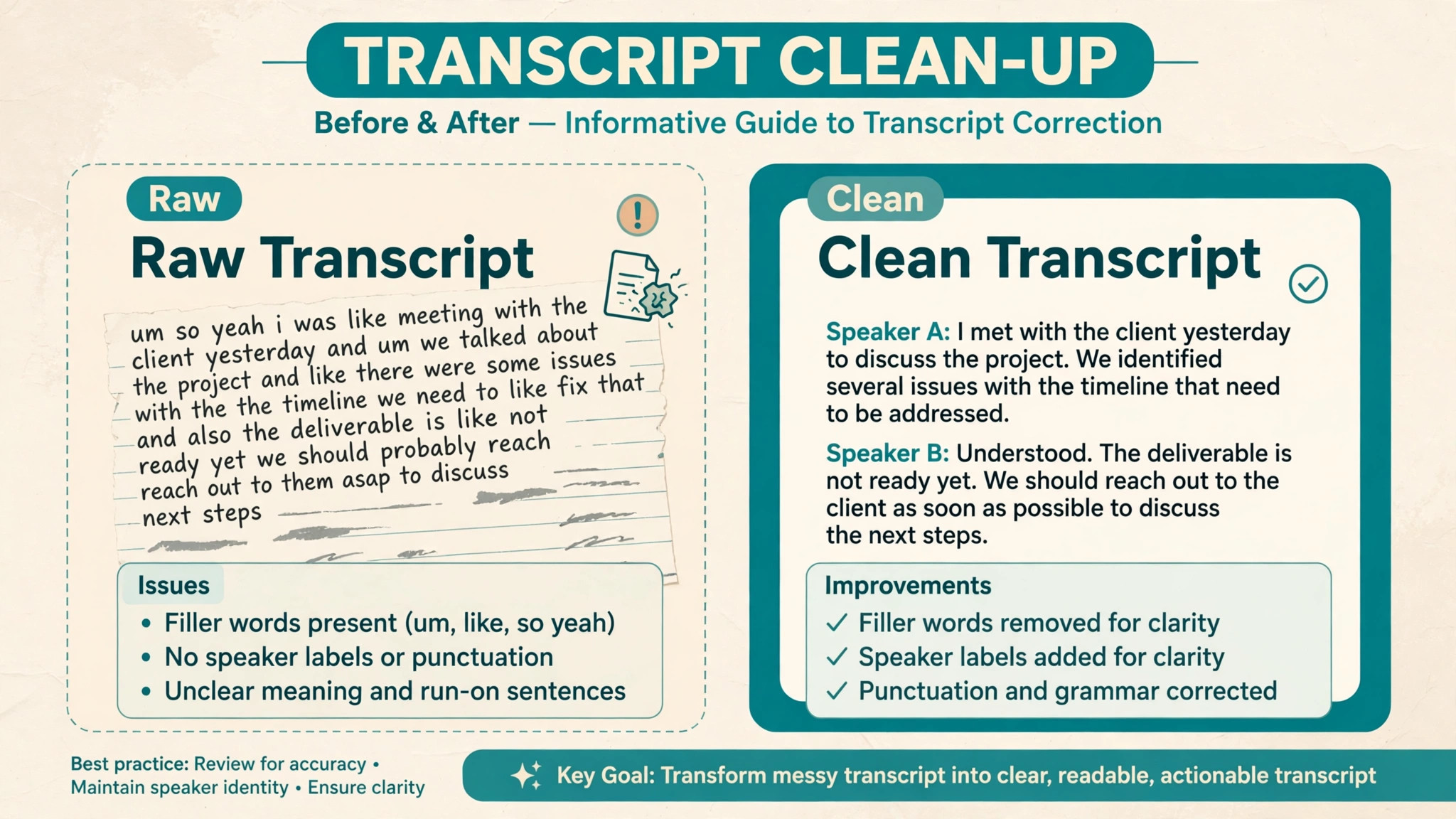 Raw automatic transcript before correction and clean transcript after