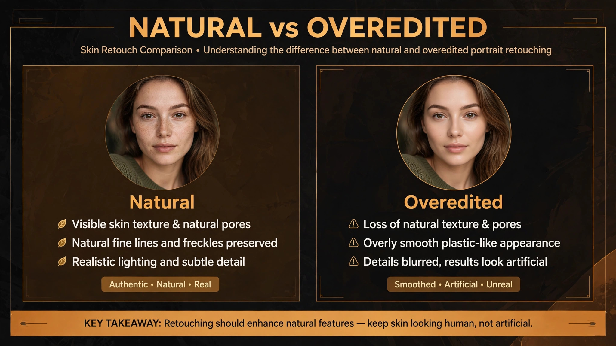 Mockup of overedited versus natural portrait