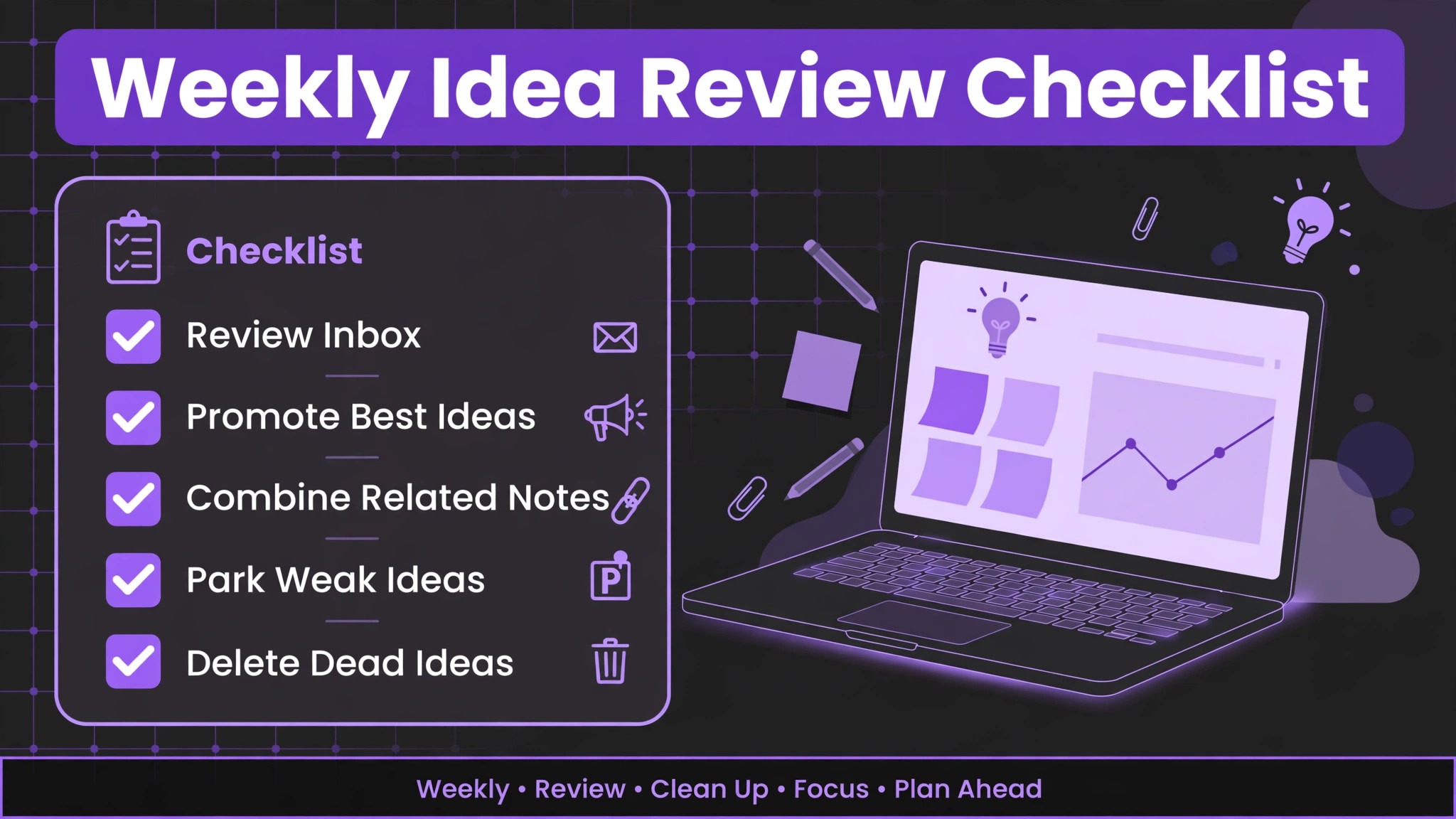 Weekly review checklist beside a laptop