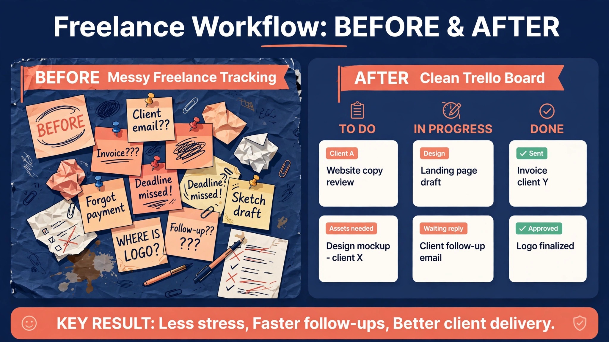 Messy freelance tracking before and clean board after