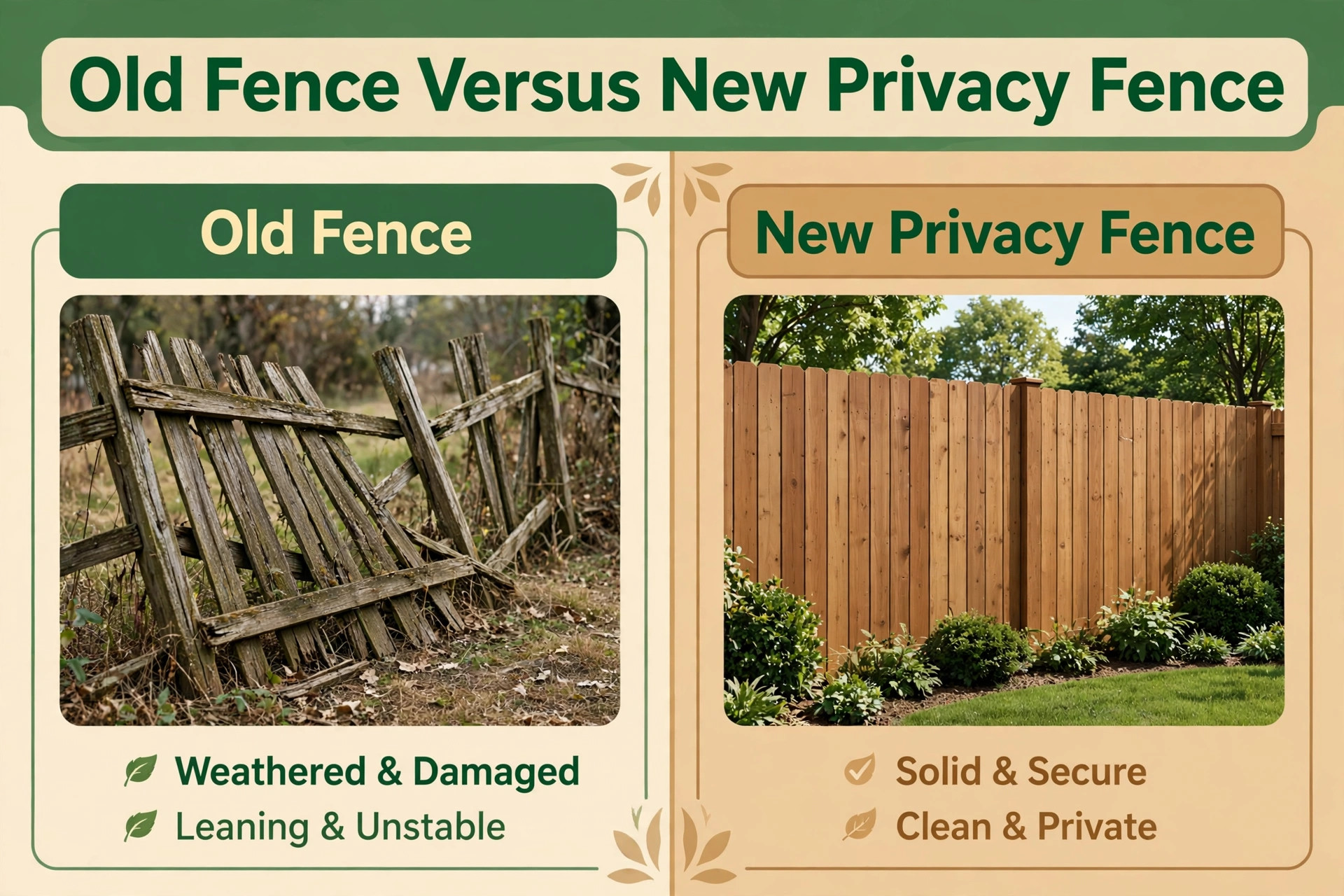 Old fence beside a new installed privacy fence