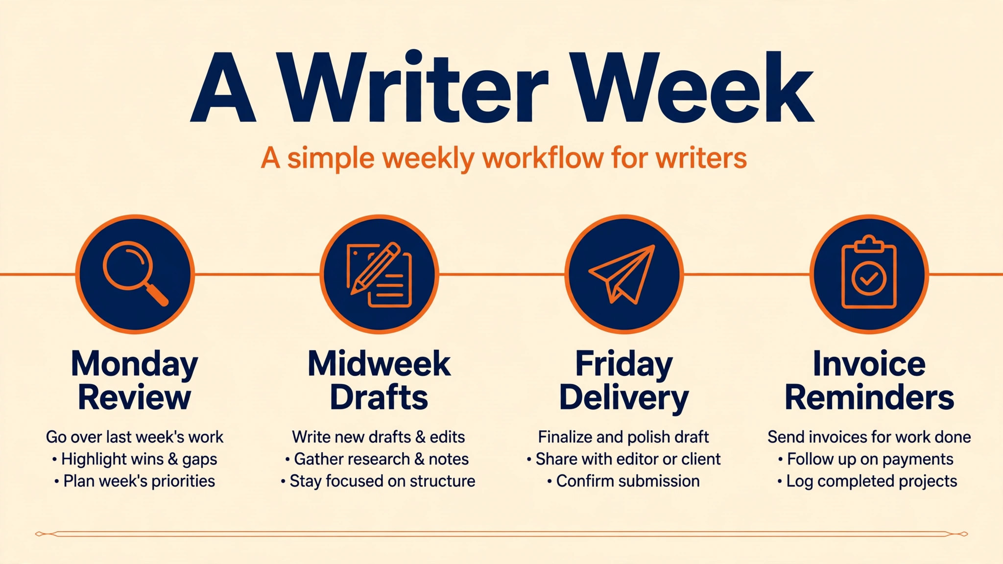 Writer weekly timeline from Monday review to invoice reminders