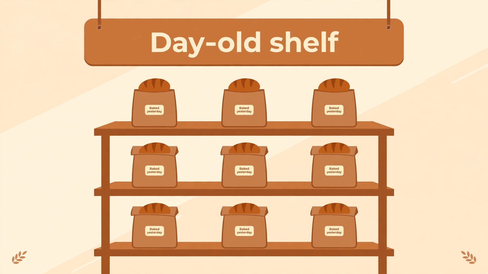 Mockup of a bakery day-old shelf with labels