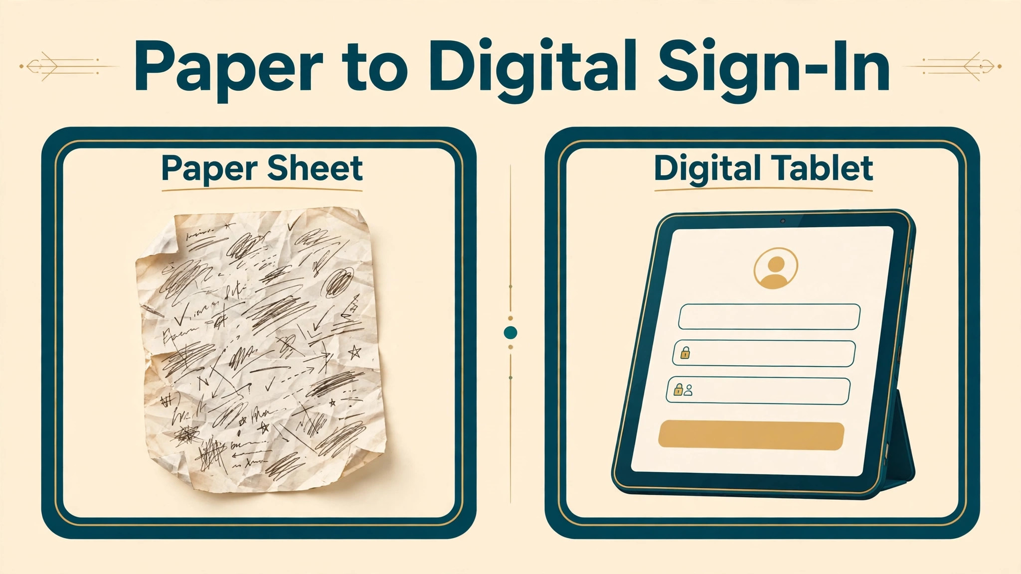 Paper sign in sheet beside a digital sign in tablet