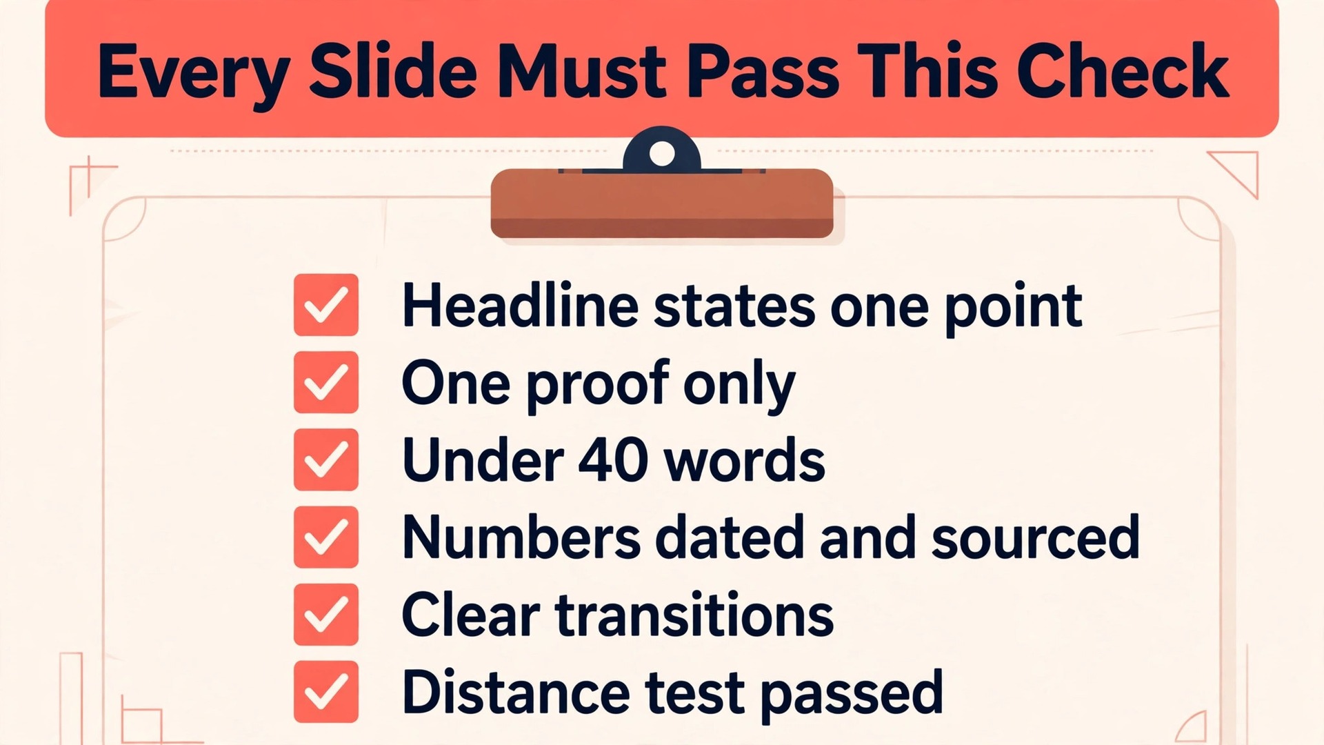 Story checklist for pitch deck slides with tick boxes