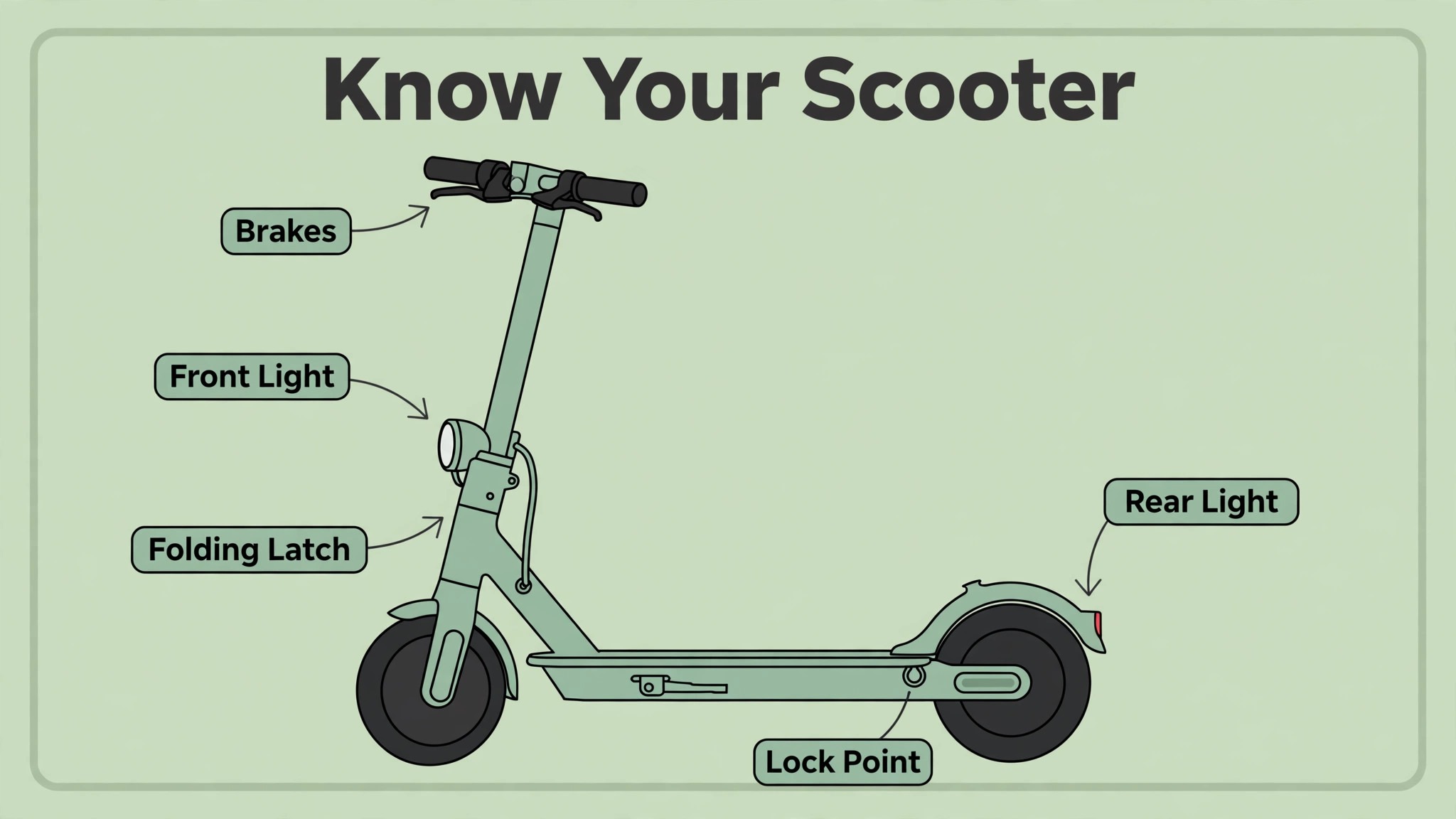Annotated scooter showing brakes lights and lock points