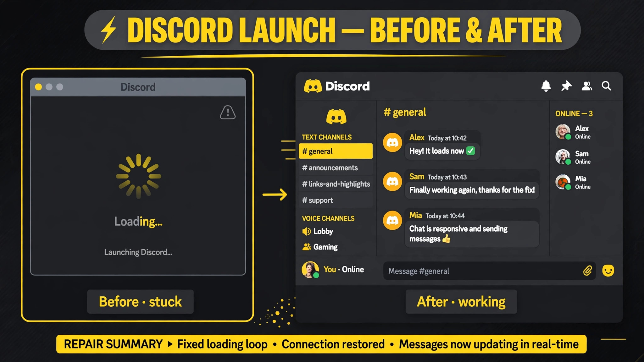 Before and after view of a repaired Discord launch