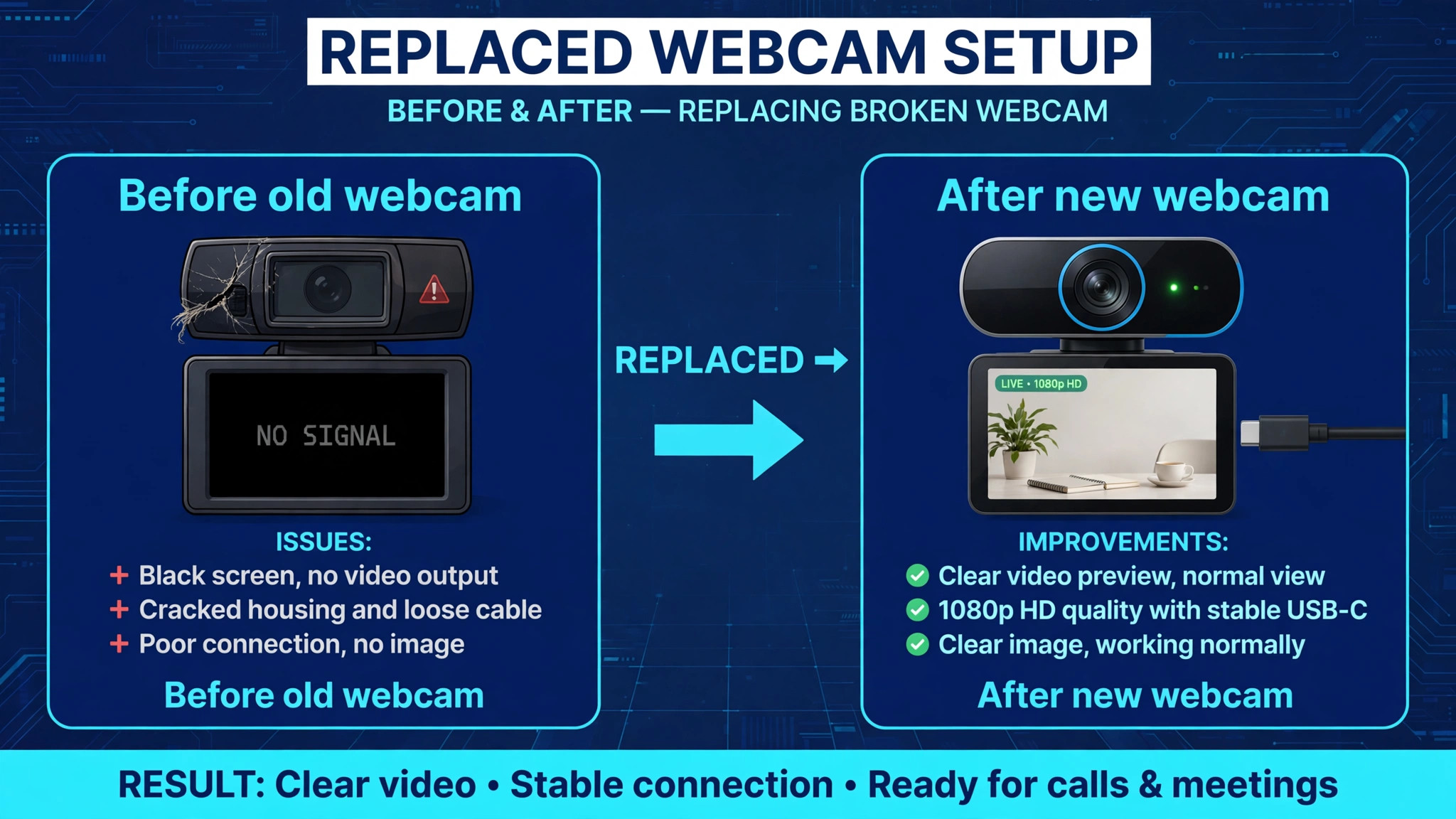 Before and after view of a replaced webcam setup
