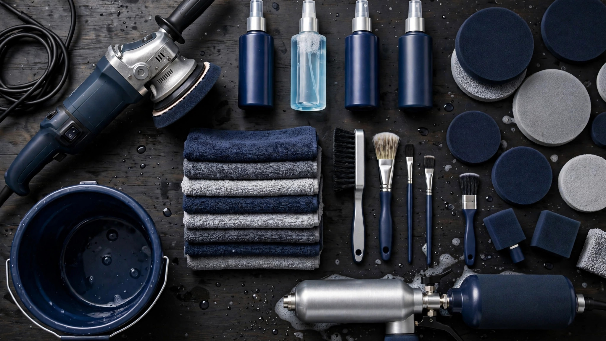Detailing kit mockup with polisher and chemicals
