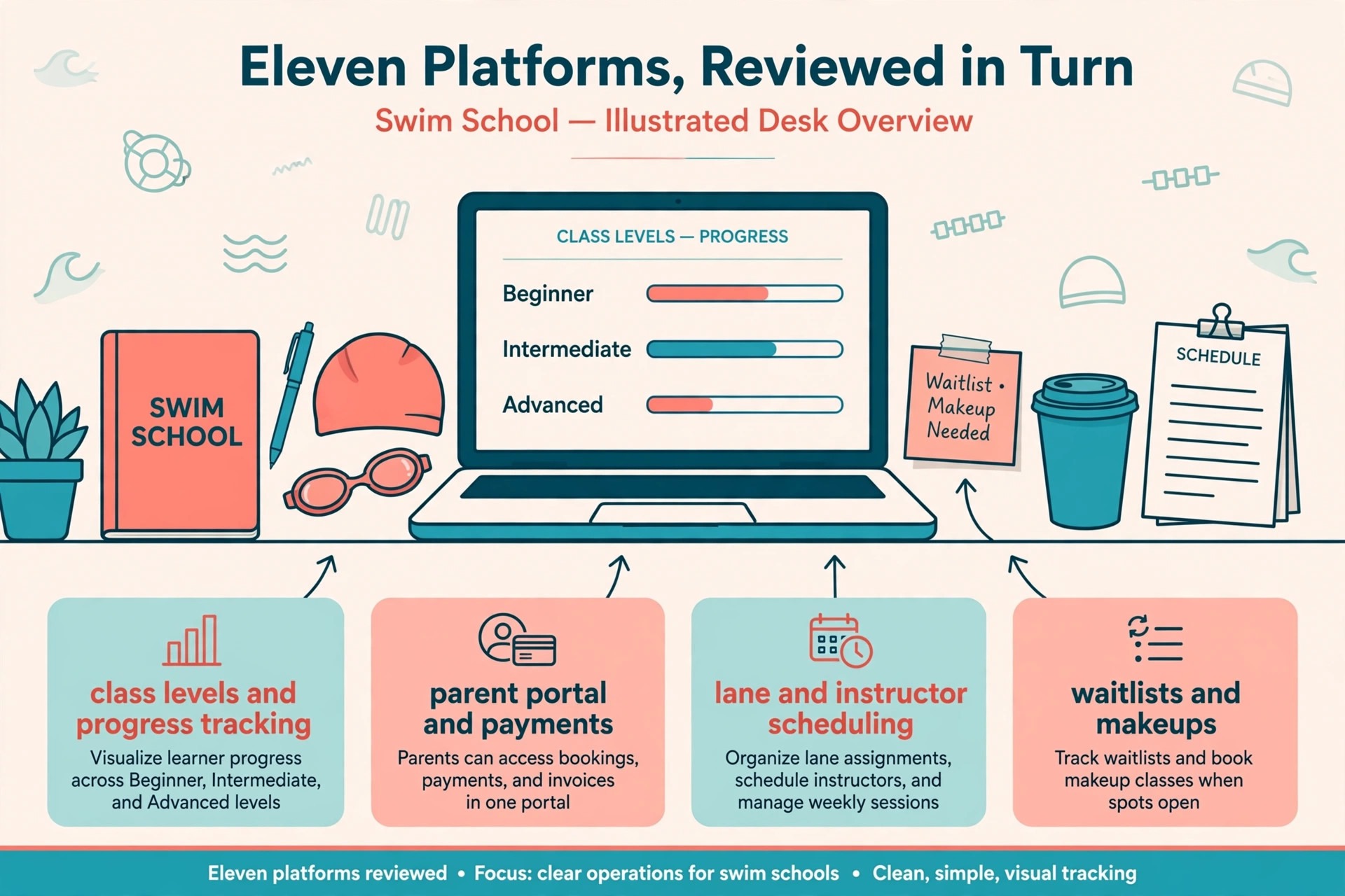 annotated visual explaining swim school software features.
