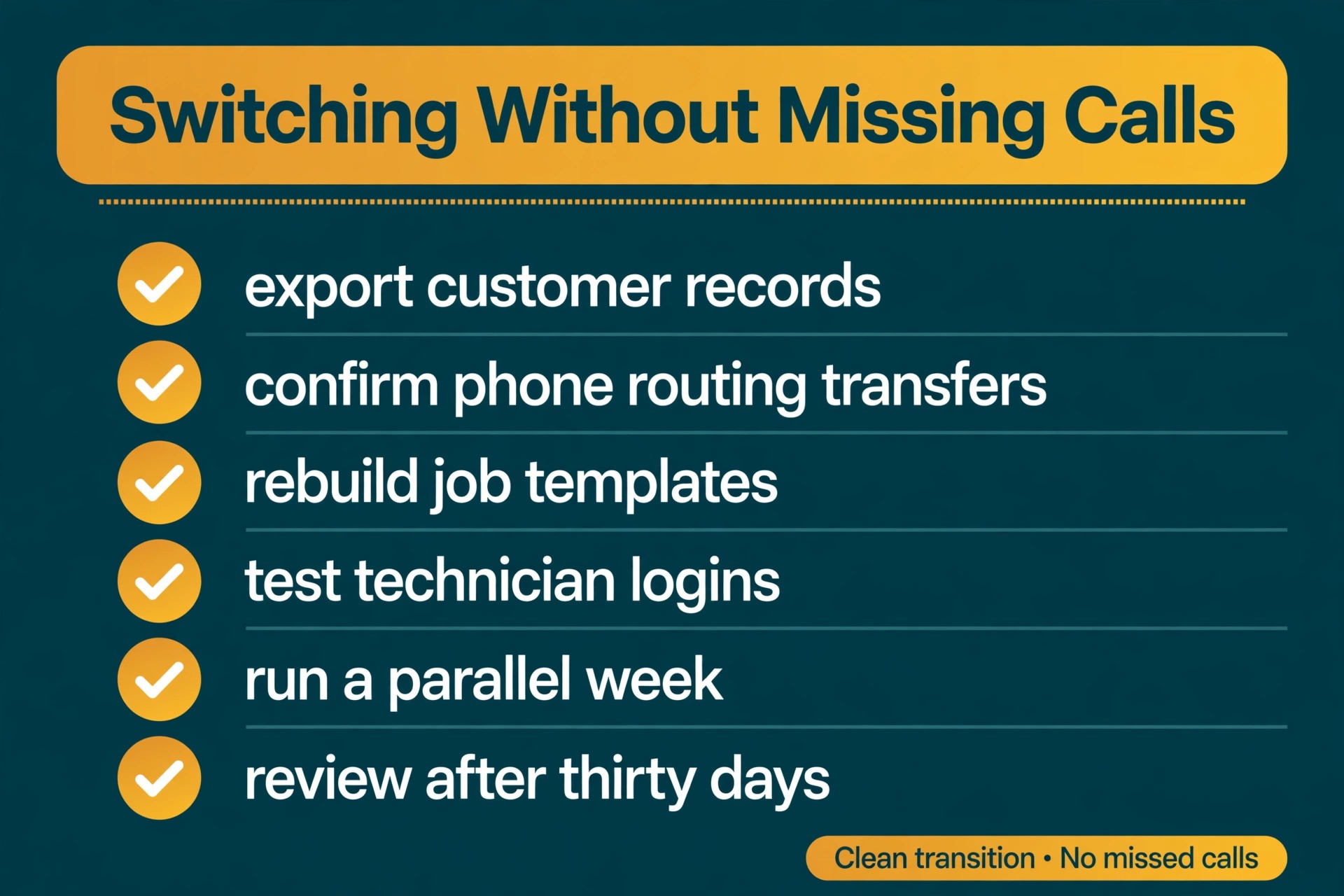 checklist visual for switching locksmith dispatch software safely.