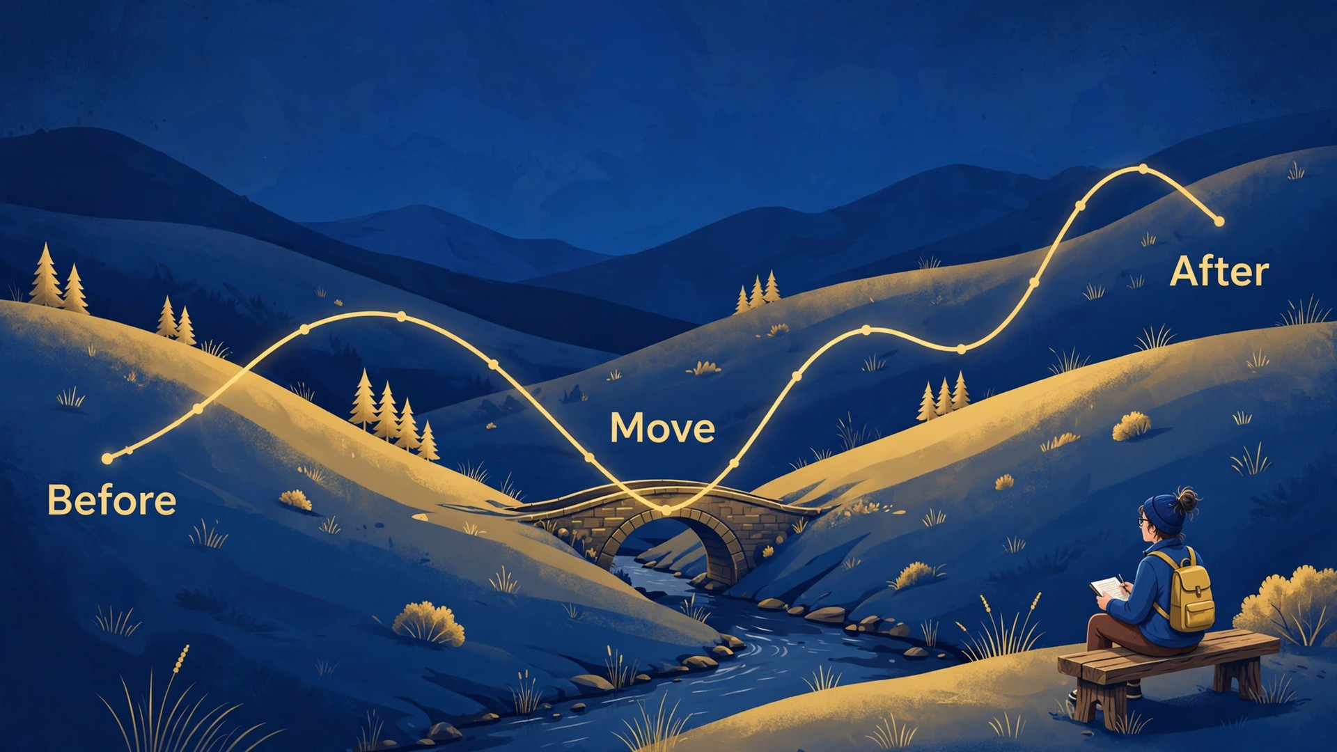 Search-traffic line rising over hills, dipping at a bridge crossing for the move, then recovering, labelled Before, Move and After
