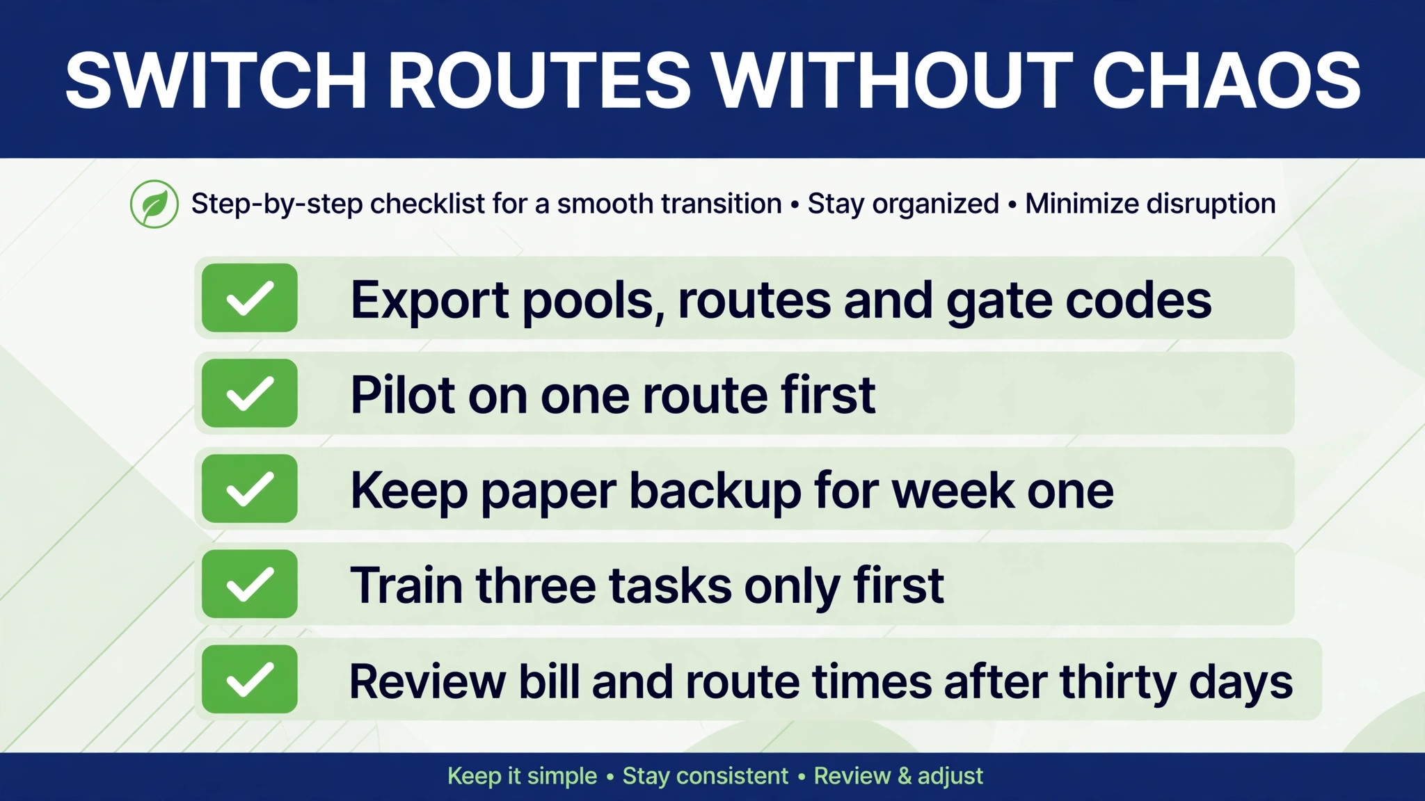 checklist visual for switching pool route software safely.