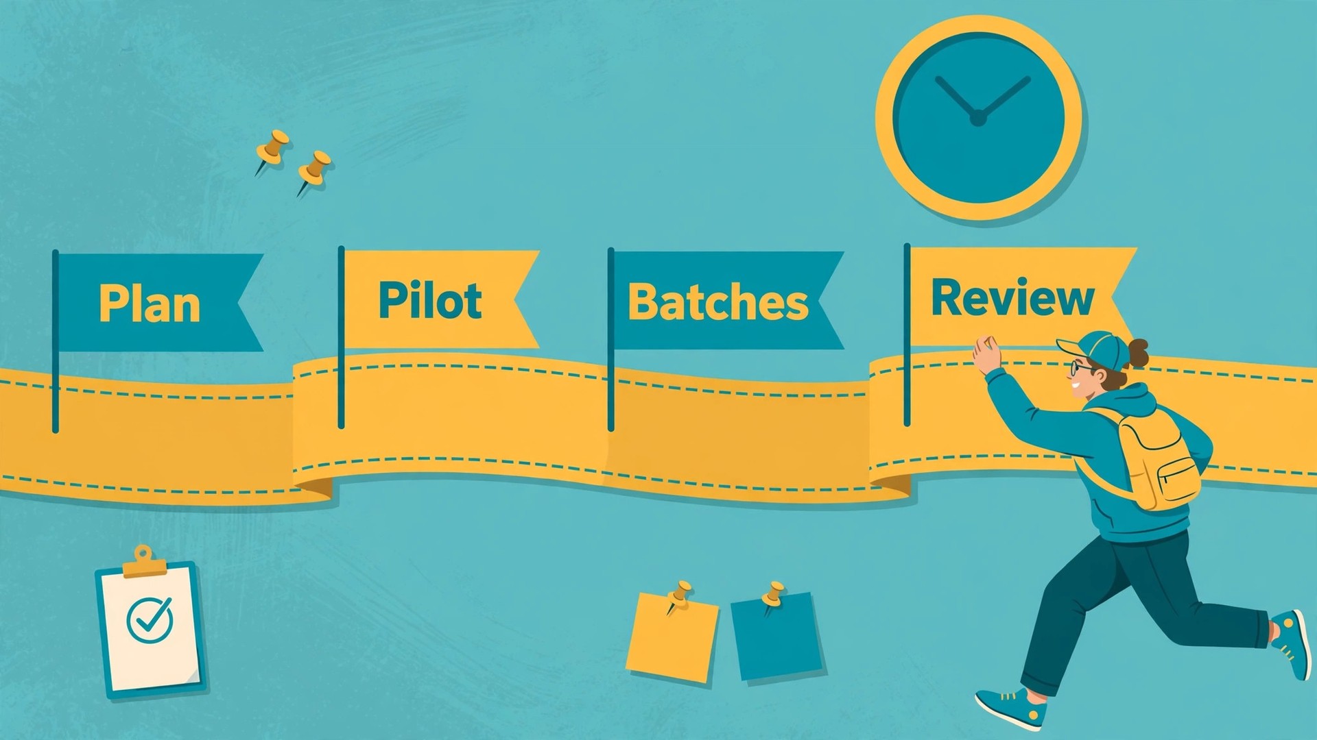 Sprint-wall timeline ribbon with Plan, Pilot, Batches and Review flags, a developer moving the final flag