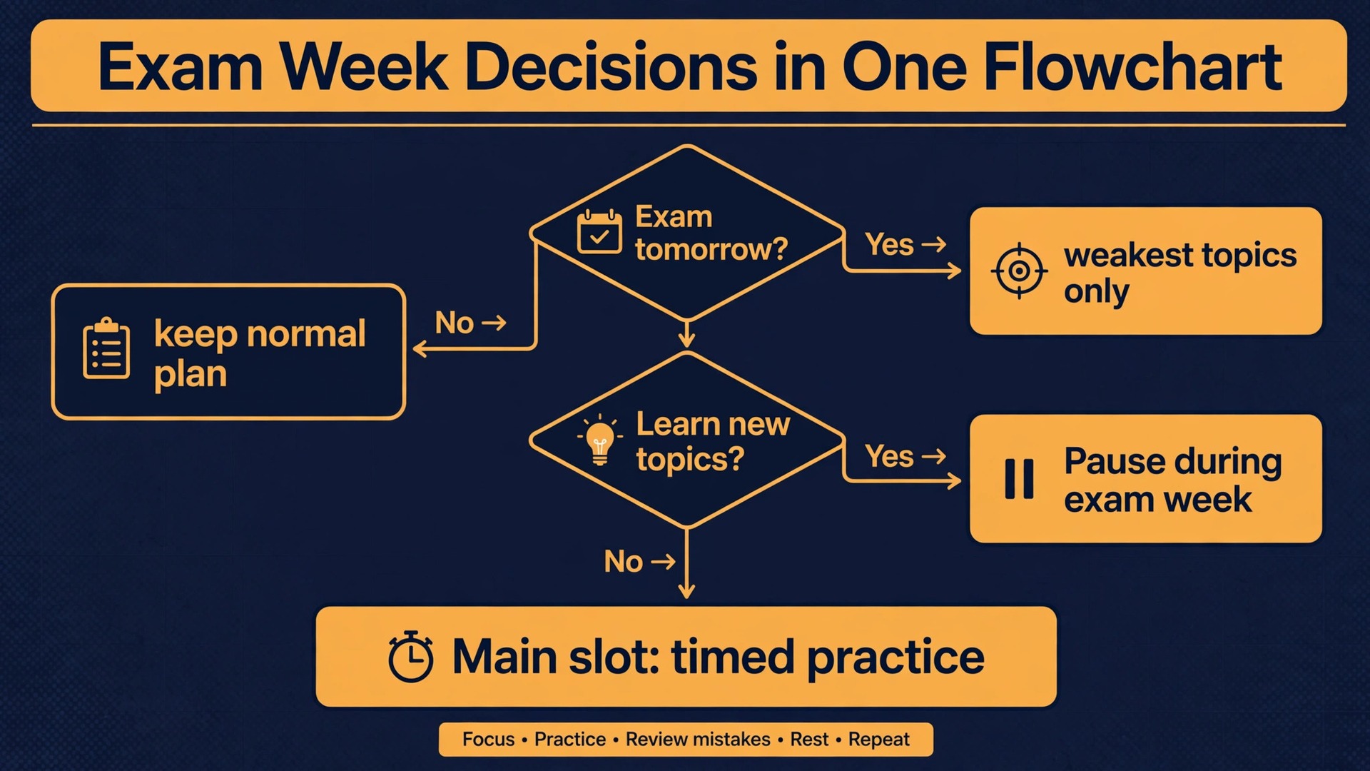 Exam week decision flowchart for revision planning