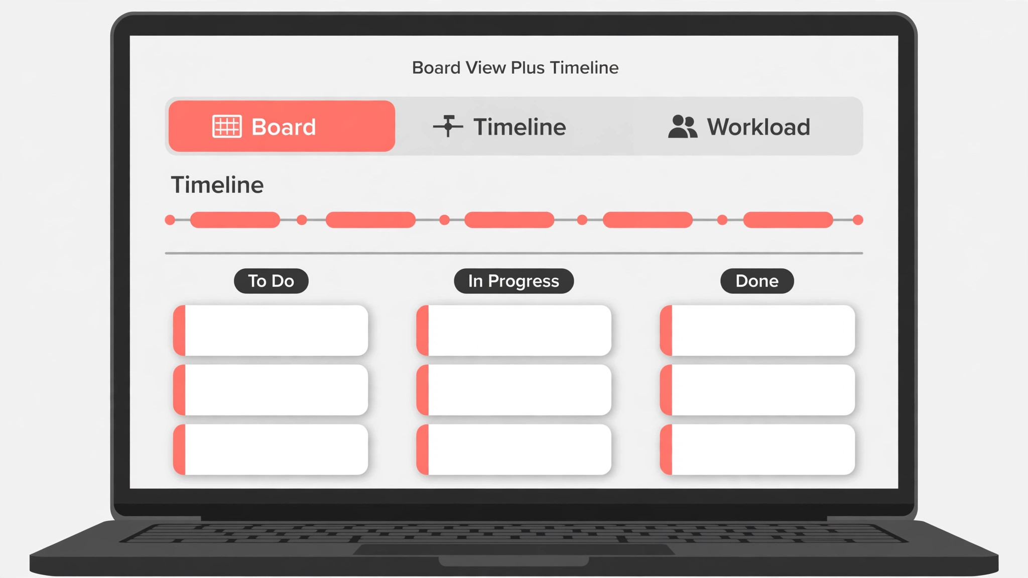 Laptop mockup of a project board under a blank timeline bar, with Board, Timeline and Workload tabs