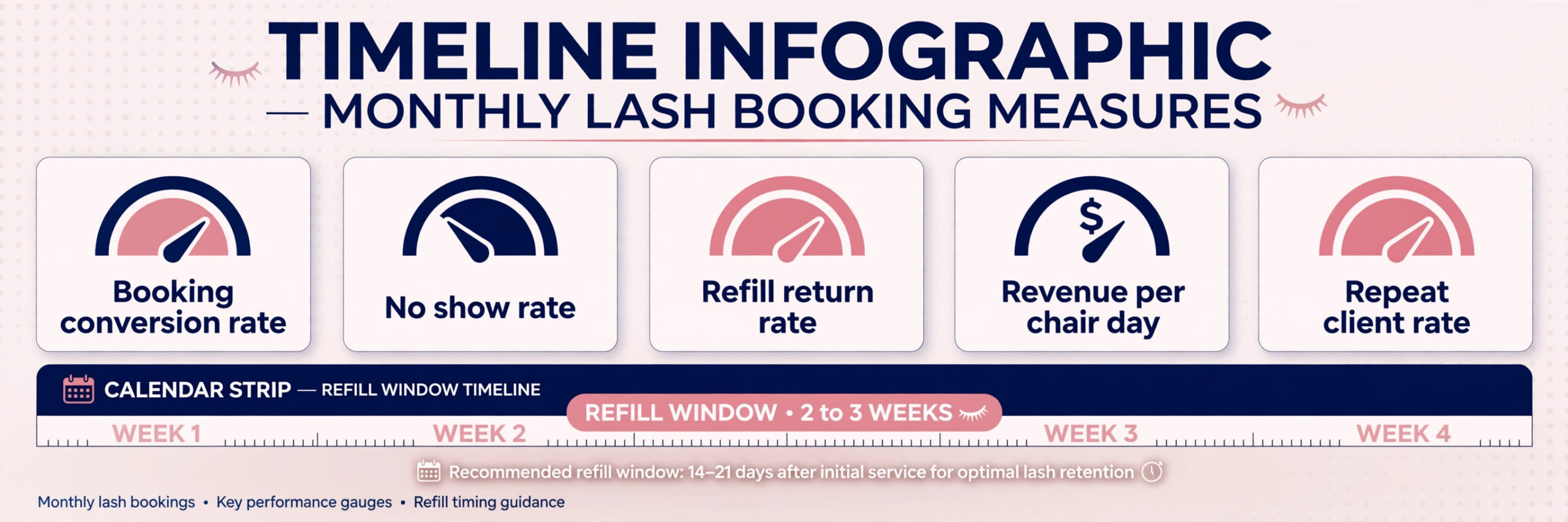 timeline visual for monthly lash booking measures.