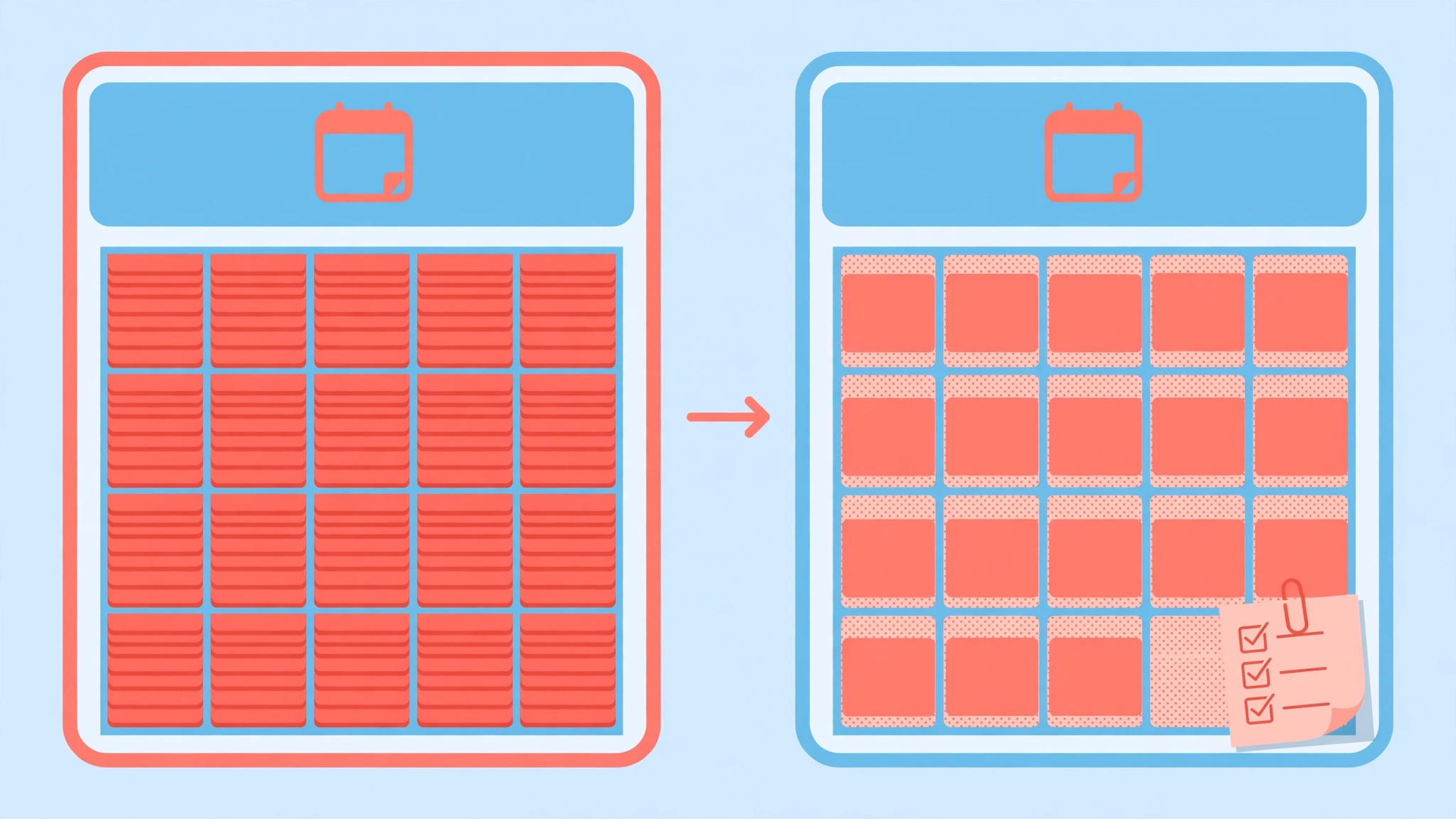 Packed back-to-back calendar contrasted with a buffered calendar carrying a preparation note