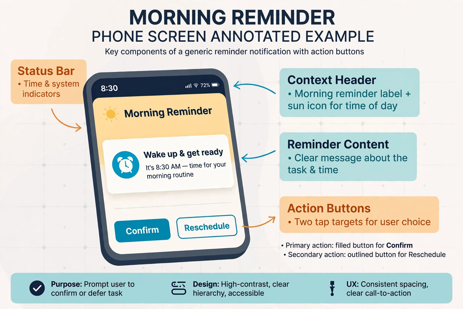 Annotated morning reminder text with confirm and reschedule actions.